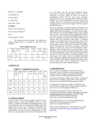 SELECT ?x, ?y WHERE
(?x:marriedTo ?y)
?(x :age ?xAge)
(?y :age ?yAge)
and ?xAge < ?yAge
In XsRQL:
for $x in * [@<marriedTo>]
for $y in $x/@<marriedTo>/*
return
{$x,@marriedTo>, $y}[8]
This example more fully illustrates how different the
XsRQL language syntax is compared to other RDF query
languages.
Table 4 XsRQL Scorecard
Data
Type
Supp
Path
Exp.
Closure Sem
Funct.
Opt
Values
Agg
Funct.
Adv
Set
Ops
Yes X X X
No X X X X
4. RESULTS
Table 5 : Combined Scorecard
Data
Type
Sup
Path
Exp.
Closur
e
Seman
Funct.
Opt
Values
Agg
Funct.
Ad
v
Set
Ops
SeRQL Yes Yes Yes Yes Yes No No
SPARQ
L
Yes Yes Yes No Yes No No
RDQL Yes Yes No No No No No
XsRQL Yes Yes No No No Yes No
5. CONCLUSIONS
From the basis of this scorecard, SeRQL provides the most
language features to date with SPARQL coming in a close
second. In addition, both SeRQL and SPARQL provide an easy
to read SQL-like syntax. It would appear that SeRQL with strong
support from the open source community and SPARQL with
strong support from the W3C are leading the charge towards
standardization. As previously stated, standardization for RDF
Query is an important step in the evolution of the Semantic Web
as it will likely foster the necessary widespread industry
commitment to make the Semantic Web a success. It will be
interesting to see how quickly the W3C can forward its
standardization efforts with the open source community
progressing as fast as it is. Languages such as XsRQL will likely
struggle to gain a wide foothold due to the arcane syntax of the
language. However, it is possible that one size may not fit all and
one language may not be enough to support the diverse needs of
the RDF community.
Some of the challenges to widespread adoption of RDF Query are
tightly coupled with the challenges of the Semantic Web. As of
January 2005, Peter Norvig, Director of Google’s Search Quality,
reports that there are less than 200,000 documents on the web that
have and .rdf or .owl extension which is approximately .0005%
of the web [16]. What is the point of building RDF query tools if
there are no documents to query? [16]. Another challenge to the
Semantic Web and consequently RDF Query is competing
ontology’s or vocabularies [16]. Content providers within a well-
defined vertical industry might be successful defining ontology’s
based on earlier successes with ANSI X.12 which defines industry
specific EDI transaction sets because customers often force
suppliers to comply [16]. However, it will be difficult to enforce
ontology’s within a broader pool of content providers. Lastly,
RDF Query to provide value, the metadata people affix to content
must be trustworthy and in some cases content providers may be
motivated to provide inaccurate or misleading metadata to lure
search users. In summary, their is a symbiotic relationship
between RDF Query and the larger Semantic Web initiative and it
will be important for RDF Query standardization efforts to align
with the larger issues that the Semantic Web initiative is
encountering in order to gain widespread adoption.
6. REFERENCES
[1] S. Alexaki, V. Christophides, G. Karvounrakis and D.
Plexousakis, “RQL: A Declarative Query Language for RDF”,
Institute of Computer Science, Greece”,[online document]
available at http://www2002.org/CDROM/refereed/329/
[2] J. Angele, D Brickley, S. Decker and J. Saarela, “A Query and
Inference Service for RDF”, January 1998 ”,[online document]
http://www.w3.org/TandS/QL/QL98/pp/queryservice.html
[3] J. Broekstra, A. Kampman, “Se-RQL: An RDF Query and
Transformation Language, Draft”,[online document] available at
http://www.cs.vu.nl/~jbroeks/papers/SeRQL.pdf
[4] J. Broekstra, A. Eberhart, P. Haase, and R. Volx, “A
Comparison of RDF Query Languages”, Proceedings of the Third
International Semantic Web Conference, Hiroshima, Japan,
November 2004”,[online document] available at
http://www.cs.vu.nl/~jbroeks/papers/survey.pdf
[5] K Clark, RDF Data Access Use Cases and Requirements,
October 2004”,[online document] available at
http://www.w3.org/TR/rdf-dawg-uc/
[6] B. Grosof, E. Prud'hommeaux, RDF Query Survey, [online
document], Available at http://www.w3.org/2001/11/13-rdf-
query-rules/
21st Computer Science Seminar
SE1-T4-6
 