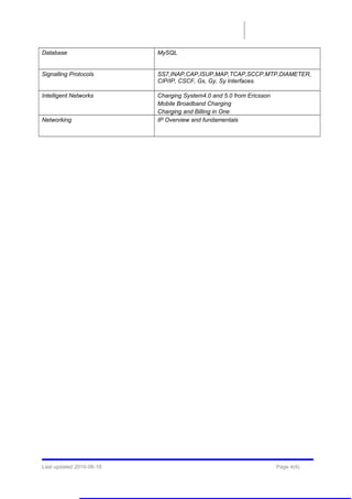 Database MySQL
Signalling Protocols SS7,INAP,CAP,ISUP,MAP,TCAP,SCCP,MTP,DIAMETER,
CIP/IP, CSCF, Gx, Gy, Sy Interfaces.
Intelligent Networks Charging System4.0 and 5.0 from Ericsson
Mobile Broadband Charging
Charging and Billing in One
Networking IP Overview and fundamentals
Last updated 2010-06-18 Page 4(4)
 