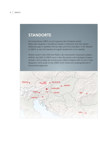 8 JÖBSTL
STANDORTE
Das Unternehmen JÖBSTL ist auf insgesamt zehn Standorte verteilt.
Neben dem Hauptsitz in Wundschuh werden in Österreich noch drei weitere
Niederlassungen in Spielfeld, Pichl bei Wels und Fürnitz betrieben. In Wr. Neudorf
ist JÖBSTL an der SLM Spedition & Logistik Gesellschaft m.b.H. beteiligt.
Weiters wurde im Mai 2004 eine Filiale in der slowenischen Hauptstadt Ljubljana
eröffnet. Seit 2007 ist JÖBSTL auch in Sibiu (Rumänien) und in Budapest (Ungarn)
vertreten. 2015 erfolgte die Gründung der JOEBSTL Bulgaria OOD mit Sitz in Sofia
(Bulgarien). 2016 wurde mit der JÖBSTL EAST GmbH eine Ländergesellschaft in
Deutsschland gegründet.
SPIELFELD
WUNDSCHUH
FÜRNITZ
PICHL
BEI WELS
LJUBLJANA
SIBIU
BUDAPEST
WR. NEUDORF
SOFIA
MÜNCHEN
 