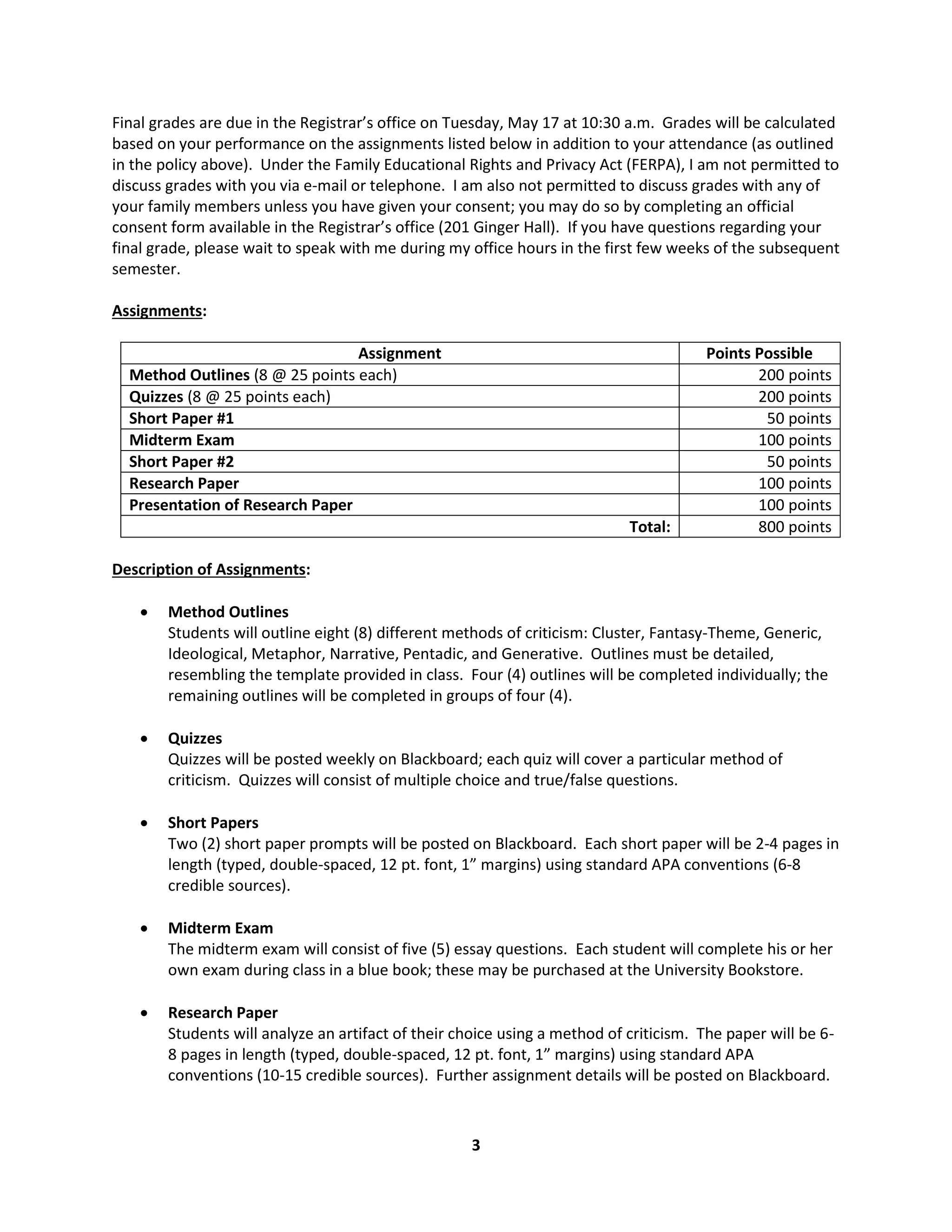 3
Final grades are due in the Registrar’s office on Tuesday, May 17 at 10:30 a.m. Grades will be calculated
based on your performance on the assignments listed below in addition to your attendance (as outlined
in the policy above). Under the Family Educational Rights and Privacy Act (FERPA), I am not permitted to
discuss grades with you via e-mail or telephone. I am also not permitted to discuss grades with any of
your family members unless you have given your consent; you may do so by completing an official
consent form available in the Registrar’s office (201 Ginger Hall). If you have questions regarding your
final grade, please wait to speak with me during my office hours in the first few weeks of the subsequent
semester.
Assignments:
Assignment Points Possible
Method Outlines (8 @ 25 points each) 200 points
Quizzes (8 @ 25 points each) 200 points
Short Paper #1 50 points
Midterm Exam 100 points
Short Paper #2 50 points
Research Paper 100 points
Presentation of Research Paper 100 points
Total: 800 points
Description of Assignments:
 Method Outlines
Students will outline eight (8) different methods of criticism: Cluster, Fantasy-Theme, Generic,
Ideological, Metaphor, Narrative, Pentadic, and Generative. Outlines must be detailed,
resembling the template provided in class. Four (4) outlines will be completed individually; the
remaining outlines will be completed in groups of four (4).
 Quizzes
Quizzes will be posted weekly on Blackboard; each quiz will cover a particular method of
criticism. Quizzes will consist of multiple choice and true/false questions.
 Short Papers
Two (2) short paper prompts will be posted on Blackboard. Each short paper will be 2-4 pages in
length (typed, double-spaced, 12 pt. font, 1” margins) using standard APA conventions (6-8
credible sources).
 Midterm Exam
The midterm exam will consist of five (5) essay questions. Each student will complete his or her
own exam during class in a blue book; these may be purchased at the University Bookstore.
 Research Paper
Students will analyze an artifact of their choice using a method of criticism. The paper will be 6-
8 pages in length (typed, double-spaced, 12 pt. font, 1” margins) using standard APA
conventions (10-15 credible sources). Further assignment details will be posted on Blackboard.
 