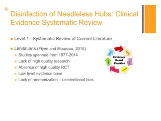 +
Disinfection of Needleless Hubs: Clinical
Evidence Systematic Review
 Level 1 - Systematic Review of Current Literature
 Limitations (Flynn and Moureau, 2015)
 Studies spanned from 1977-2014
 Lack of high quality research
 Absence of high quality RCT
 Low level evidence base
 Lack of randomization – unintentional bias
 