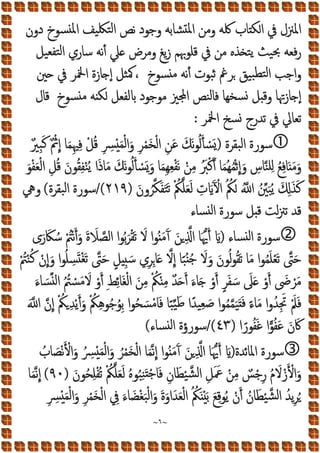~
٦
~
‫ﺴﻮخ‬ ‫ﳌ‬‫ا‬ ‫ﻴﻒ‬‫ﺘﳫ‬‫ﻟ‬‫ا‬ ‫ﻧﺺ‬ ‫وﺟﻮد‬ ‫ﺸﺎﺑﻪ‬ ‫ﳌ‬‫ا‬ ‫وﻣﻦ‬ ‫ﳇﻪ‬ ‫ﺎب‬ ‫ﻜ‬‫ا‬ ‫ﰲ‬ ‫اﳌﲋل‬
‫دون‬
‫ﻗﻠﻮﲠﻢ‬ ‫ﰲ‬ ‫ﻣﻦ‬ ‫ﺬﻩ‬ ‫ﺘ‬‫ﯾ‬ ‫ﻴﺚ‬‫ﲝ‬ ‫ﻓﻌﻪ‬‫ر‬
‫و‬ ‫ﯾﻎ‬‫ز‬
‫ﻴﻞ‬‫ﺘﻔﻌ‬‫ﻟ‬‫ا‬ ‫ﺳﺎري‬ ‫ﻧﻪ‬‫أ‬ ‫ﲇ‬ ‫ﻣﺮض‬
‫ﺴﻮخ‬ ‫ﻣ‬ ‫ﻧﻪ‬‫أ‬ ‫ﺒﻮت‬‫ﺛ‬ ‫ﺮﰬ‬ ‫ﻴﻖ‬‫ﺒ‬‫ﺘﻄ‬‫ﻟ‬‫ا‬ ‫اﺟﺐ‬‫و‬
‫ﲔ‬ ‫ﰲ‬ ‫اﶆﺮ‬ ‫ﺎزة‬ ‫إ‬ ‫ﺜﻞ‬‫ﳈ‬،
‫ﻗﺎل‬ ‫ﺴﻮخ‬ ‫ﻣ‬ ‫ﻪ‬ ‫ﻜ‬ ‫ﻟﻔﻌﻞ‬ ‫ﻣﻮﺟﻮد‬ ‫ﲒ‬ ‫ا‬ ‫ﻨﺺ‬‫ﻟ‬‫ﻓﺎ‬ ‫ﺴﺨﻬﺎ‬ ‫ﻞ‬ ‫وﻗ‬ ‫ﺎزﲥﺎ‬ ‫إ‬
‫ﺗ‬
‫اﶆﺮ‬ ‫ﺴﺦ‬ ‫ﺗﺪرج‬ ‫ﰲ‬ ‫ﻌﺎﱄ‬
:

‫ﺒﻘﺮة‬‫ﻟ‬‫ا‬ ‫ﺳﻮرة‬
)
ٌ‫ﲑ‬ِ‫ﺒ‬َ‫ﻛ‬ ٌ ْ
‫ﰒ‬ِ‫إ‬ ‫ﺎ‬َ‫ﻤ‬ِ‫ﳱ‬ِ‫ﻓ‬ ْ‫ﻞ‬ُ‫ﻗ‬ ِ ِ
‫ْﴪ‬ َ‫ﻤ‬ْ‫ﻟ‬‫ا‬َ‫و‬ ِ‫ﺮ‬ْ‫ﻤ‬َ‫ﺨ‬ْ‫ﻟ‬‫ا‬ ِ‫َﻦ‬‫ﻋ‬ َ‫ﻚ‬َ‫ﻧ‬‫ﻮ‬ُ‫ﻟ‬َ‫ﺄ‬ ْ
‫َﺴ‬
َ‫ﻮ‬ْ‫ﻔ‬َ‫ﻌ‬ْ‫ﻟ‬‫ا‬ ِ‫ﻞ‬ُ‫ﻗ‬ َ‫ﻮن‬ُ‫ﻘ‬ِ‫ﻔ‬ْ‫ﻨ‬ُ‫ﯾ‬ ‫ا‬َ‫ذ‬‫ﺎ‬َ‫ﻣ‬ َ‫ﻚ‬َ‫ﻧ‬‫ﻮ‬ُ‫ﻟ‬َ‫ﺄ‬ ْ
‫َﺴ‬ َ‫و‬ ‫ﺎ‬َ‫ﻤ‬ِ‫ﻬ‬ِ‫ﻌ‬ْ‫ﻔ‬َ‫ﻧ‬ ْ‫ﻦ‬ِ‫ﻣ‬ َُ
‫ﱪ‬ْ‫ﻛ‬َ‫أ‬ ‫ﺎ‬َ‫ﻤ‬ُ‫ﻬ‬ُ‫ﻤ‬ْ‫ﺛ‬ِ‫إ‬َ‫و‬ ِ
‫ﺎس‬‫ﻨ‬‫ﻠ‬ِ ُ‫ﻊ‬ِ‫ﻓ‬‫ﺎ‬َ َ‫ﻣ‬َ‫و‬
ُ‫ﲔ‬َ‫ﺒ‬ُ‫ﯾ‬ َ ِ َ‫ﺬ‬َ‫ﻛ‬
َ‫ون‬ُ‫ﺮ‬‫ﻜ‬َ‫ﻔ‬َ‫ﺘ‬َ‫ﺗ‬ ْ ُ
‫ﲂ‬‫ﻠ‬َ‫ﻌ‬َ‫ﻟ‬ ِ
‫ت‬ ََ ْ
‫اﻵ‬ ُ ُ
‫ﲂ‬َ ُ ‫ا‬
)
٢١٩
/(
‫ﺒﻘﺮة‬‫ﻟ‬‫ا‬ ‫ﺳﻮرة‬
(
‫وﱔ‬
‫ﺴﺎء‬ ‫ﻟ‬‫ا‬ ‫ﺳﻮرة‬ ‫ﻞ‬ ‫ﻗ‬ ‫ﻟﺖ‬‫ﲋ‬‫ﺗ‬ ‫ﻗﺪ‬

‫ﺴﺎء‬ ‫ﻟ‬‫ا‬ ‫ﺳﻮرة‬
)
‫ى‬َ‫ر‬ َ‫ﲀ‬ ُ‫ﺳ‬ ْ ُ
‫ﱲ‬ْ‫ﻧ‬َ‫أ‬َ‫و‬ َ‫ة‬ َ
‫ﻼ‬‫اﻟﺼ‬ ‫ا‬‫ﻮ‬ُ‫ﺑ‬َ‫ﺮ‬ْ‫ﻘ‬َ‫ﺗ‬ َ
‫ﻻ‬ ‫ا‬‫ﻮ‬ُ َ‫ﻣ‬َ‫آ‬ َ‫ﻦ‬ ِ ‫ا‬ ‫ﺎ‬َ‫ﳞ‬َ‫أ‬ َ
َ ‫ﻻ‬ِ‫إ‬ ‫ﺎ‬ً‫ﺒ‬ُ ُ‫ﺟ‬ َ
‫ﻻ‬َ‫و‬ َ‫ﻮن‬ُ‫ﻟ‬‫ﻮ‬ُ‫ﻘ‬َ‫ﺗ‬ ‫ﺎ‬َ‫ﻣ‬ ‫ا‬‫ﻮ‬ُ‫ﻤ‬َ‫ﻠ‬ْ‫ﻌ‬َ‫ﺗ‬ ‫ﱴ‬َ‫ﺣ‬
ْ ُ
‫ﱲ‬ْ‫ﻨ‬ُ‫ﻛ‬ ْ‫ن‬ِ‫إ‬َ‫و‬ ‫ا‬‫ﻮ‬ُ‫ﻠ‬ ِ
‫ﺴ‬َ ْ‫ﻐ‬َ‫ﺗ‬ ‫ﱴ‬َ‫ﺣ‬ ٍ‫ﻞ‬ ِ َ‫ﺳ‬ ‫ي‬ِ‫ﺮ‬ِ‫ﺎ‬
َ‫ء‬‫ﺎ‬ َ‫ﺴ‬ ‫ﻟ‬‫ا‬ ُ ُ
‫ﱲ‬ ْ
‫ﺴ‬َ‫ﻣ‬ َ
‫ﻻ‬ ْ‫و‬َ‫أ‬ ِ‫ﻂ‬ِ‫ﺋ‬‫ﺎ‬َ‫ﻐ‬ْ‫ﻟ‬‫ا‬ َ‫ﻦ‬ِ‫ﻣ‬ ْ ُ
‫ﲂ‬ْ ِ‫ﻣ‬ ٌ‫ﺪ‬َ َ‫أ‬ َ‫ء‬‫ﺎ‬َ ْ‫و‬َ‫أ‬ ٍ‫ﺮ‬َ‫ﻔ‬ َ‫ﺳ‬ َ
‫ﲆ‬َ ْ‫و‬َ‫أ‬ َ
‫ﴇ‬ ْ‫ﺮ‬َ‫ﻣ‬
َ ‫ا‬ ‫ن‬ِ‫إ‬ ْ ُ
‫ﲂ‬ ِ‫ﺪ‬ْ‫ﯾ‬َ‫أ‬َ‫و‬ ْ ُ
‫ﲂ‬ِ‫ﻫ‬‫ﻮ‬ُ‫ﺟ‬ُ‫ِﻮ‬‫ﺑ‬ ‫ا‬‫ﻮ‬ُ‫ﺤ‬ َ‫ﺴ‬ْ‫ﻣ‬‫ﺎ‬َ‫ﻓ‬ ‫ﺎ‬ً‫ﺒ‬‫ﻴ‬َ‫ﻃ‬ ‫ا‬ً‫ﺪ‬‫ﻴ‬ِ‫ﻌ‬ َ‫ﺻ‬ ‫ا‬‫ﻮ‬ُ‫ﻤ‬‫ﻤ‬َ‫ﻴ‬َ َ‫ﻓ‬ ً‫ء‬‫ﺎ‬َ‫ﻣ‬ ‫ا‬‫و‬ُ‫ِﺪ‬َ‫ﲡ‬ َْ‫ﲅ‬َ‫ﻓ‬
‫ا‬ً‫ﻮر‬ُ‫ﻔ‬َ‫ﻏ‬ ‫ا‬‫ﻮ‬ُ‫ﻔ‬َ‫ﻋ‬ َ‫ن‬َ‫ﰷ‬
)
٤٣
/(
‫ﺴﺎء‬ ‫ﻟ‬‫ا‬ ‫ﺳﻮرؤة‬
(

‫ﺋﺪة‬‫ﺎ‬‫اﳌ‬ ‫ﺳﻮرة‬
)
ُ
‫ﺎب‬ َ
‫ﺼ‬ْ‫ﻧ‬َ ْ
‫اﻷ‬َ‫و‬ ُ ِ
‫ْﴪ‬ َ‫ﻤ‬ْ‫ﻟ‬‫ا‬َ‫و‬ ُ‫ﺮ‬ْ‫ﻤ‬َ‫ﺨ‬ْ‫ﻟ‬‫ا‬ ‫ﺎ‬َ‫ﻤ‬‫ﻧ‬ِ‫إ‬ ‫ا‬‫ﻮ‬ُ َ‫ﻣ‬َ‫آ‬ َ‫ﻦ‬ ِ ‫ا‬ ‫ﺎ‬َ‫ﳞ‬َ‫أ‬ َ
َ‫ﻮن‬ُ‫ﺤ‬ِ‫ﻠ‬ْ‫ﻔ‬ُ‫ﺗ‬ ْ ُ
‫ﲂ‬‫ﻠ‬َ‫ﻌ‬َ‫ﻟ‬ ُ‫ﻩ‬‫ﻮ‬ُ‫ﺒ‬ِ‫ﻨ‬َ ْ‫ﺟ‬‫ﺎ‬َ‫ﻓ‬ ِ‫ﺎن‬َ‫ﻄ‬ْ‫ﻴ‬‫ﺸ‬‫ﻟ‬‫ا‬ ِ‫ﻞ‬َ َ
‫ﲻ‬ ْ‫ﻦ‬ِ‫ﻣ‬ ٌ
‫ﺲ‬ْ‫ﺟ‬ِ‫ر‬ ُ‫م‬ َ
‫ﻻ‬ْ‫ز‬َ ْ
‫اﻷ‬َ‫و‬
)
٩٠
(
‫ﺎ‬َ‫ﻤ‬‫ﻧ‬ِ‫إ‬
ِ ِ
‫ْﴪ‬ َ‫ﻤ‬ْ‫ﻟ‬‫ا‬َ‫و‬ ِ‫ﺮ‬ْ‫ﻤ‬َ‫ﺨ‬ْ‫ﻟ‬‫ا‬ ِ
‫ﰲ‬ َ‫ء‬‫ﺎ‬َ‫ﻀ‬ْ‫ﻐ‬َ‫ﺒ‬ْ‫ﻟ‬‫ا‬َ‫و‬ َ‫ة‬َ‫او‬َ‫ﺪ‬َ‫ﻌ‬ْ‫ﻟ‬‫ا‬ ُ ُ
‫ﲂ‬َ َْ‫ﺑ‬ َ‫ﻊ‬ِ‫ﻗ‬‫ﻮ‬ُ‫ﯾ‬ ْ‫ن‬َ‫أ‬ ُ‫ﺎن‬َ‫ﻄ‬ْ‫ﻴ‬‫ﺸ‬‫ﻟ‬‫ا‬ ُ‫ﯾﺪ‬ِ‫ﺮ‬ُ
 