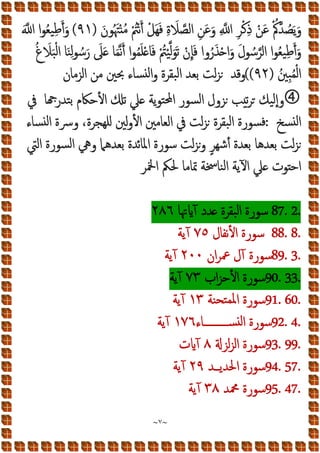 ~
٧
~
َ‫ﻮن‬ُ َ‫ﳤ‬ْ ُ‫ﻣ‬ ْ ُ
‫ﱲ‬ْ‫ﻧ‬َ‫أ‬ ْ‫َﻞ‬‫ﻬ‬َ‫ﻓ‬ ِ‫ة‬ َ
‫ﻼ‬‫اﻟﺼ‬ ِ‫َﻦ‬‫ﻋ‬َ‫و‬ ِ ‫ا‬ ِ‫ﺮ‬ْ‫ﻛ‬ِ‫ذ‬ ْ‫َﻦ‬‫ﻋ‬ ْ ُ‫ﰼ‬‫ﺪ‬ ُ
‫ﺼ‬َ‫ﯾ‬َ‫و‬
)
٩١
(
َ ‫ا‬ ‫ا‬‫ﻮ‬ُ‫ﻌ‬‫ﻴ‬ِ‫ﻃ‬َ‫أ‬َ‫و‬
ْ‫ِن‬‫ﺈ‬َ‫ﻓ‬ ‫وا‬ُ‫ر‬َ‫ﺬ‬ْ ‫ا‬َ‫و‬ َ‫ل‬‫ﻮ‬ ُ‫ﺳ‬‫اﻟﺮ‬ ‫ا‬‫ﻮ‬ُ‫ﻌ‬‫ﻴ‬ِ‫ﻃ‬َ‫أ‬َ‫و‬
ُ‫غ‬ َ
‫ﻼ‬َ‫ﺒ‬ْ‫ﻟ‬‫ا‬ ‫ﺎ‬َ‫ﻨ‬ِ‫ﻟ‬‫ﻮ‬ ُ‫ﺳ‬َ‫ر‬ َ
‫ﲆ‬َ ‫ﺎ‬َ‫ﻤ‬‫ﻧ‬َ‫أ‬ ‫ا‬‫ﻮ‬ُ‫ﻤ‬َ‫ﻠ‬ْ ‫ﺎ‬َ‫ﻓ‬ ْ ُ
‫ﱲ‬ْ‫ﻴ‬‫ﻟ‬َ‫َﻮ‬‫ﺗ‬
ُ‫ِﲔ‬‫ﺒ‬ُ‫ﻤ‬ْ‫ﻟ‬‫ا‬
)
٩٢
((
‫اﻟﺰﻣﺎن‬ ‫ﻣﻦ‬ ‫ﲝﲔ‬ ‫ﺴﺎء‬ ‫ﻟ‬‫ا‬‫و‬ ‫ﺒﻘﺮة‬‫ﻟ‬‫ا‬ ‫ﺑﻌﺪ‬ ‫ﻟﺖ‬‫ﺰ‬ ‫وﻗﺪ‬

‫ﰲ‬ ‫ﺎ‬ ‫ﺘﺪر‬‫ﺑ‬ ‫اﻷﺣﲀم‬ ‫ﺗ‬ ‫ﲇ‬ ‫ﯾﺔ‬‫ﻮ‬‫ﺘ‬‫ﶈ‬‫ا‬ ‫ﺴﻮر‬‫ﻟ‬‫ا‬ ‫ﺰول‬ ‫ﺐ‬‫ﺗ‬‫ﺮ‬ ‫ﻴﻚ‬‫ﻟ‬‫وإ‬
‫ﺴﺦ‬ ‫ﻟ‬‫ا‬
:
،‫ﻠﻬﺠﺮة‬ ‫ﻟﲔ‬‫و‬‫اﻷ‬ ‫اﻟﻌﺎﻣﲔ‬ ‫ﰲ‬ ‫ﻟﺖ‬‫ﺰ‬ ‫ﺒﻘﺮة‬‫ﻟ‬‫ا‬ ‫ﺴﻮرة‬‫ﻓ‬
‫ﺴﺎء‬ ‫ﻟ‬‫ا‬ ‫وﴎة‬
‫اﻟﱵ‬ ‫ﺴﻮرة‬‫ﻟ‬‫ا‬ ‫وﱔ‬ ‫ﺑﻌﺪﻫﲈ‬ ‫ﺋﺪة‬‫ﺎ‬‫اﳌ‬ ‫ﺳﻮرة‬ ‫ﻟﺖ‬‫ﺰ‬‫و‬ ٍ‫ﺮ‬‫أﺷﻬ‬ ‫ﺑﻌﺪة‬ ‫ﺑﻌﺪﻫﺎ‬ ‫ﻟﺖ‬‫ﺰ‬
‫اﶆﺮ‬ ‫ﳊﲂ‬ ‫ﲤﺎﻣﺎ‬ ‫ﻨﺎﲯﺔ‬‫ﻟ‬‫ا‬ ‫اﻵﯾﺔ‬ ‫ﲇ‬ ‫ﻮت‬ ‫اﺣ‬
2.
87.
‫ﲥﺎ‬ ‫آ‬ ‫ﺪد‬ ‫ﺒﻘﺮة‬‫ﻟ‬‫ا‬ ‫ﺳﻮرة‬
٢٨٦
88. 8.
‫ﻧﻔﺎل‬‫ﻷ‬‫ا‬ ‫ﺳﻮرة‬
٧٥
‫آﯾﺔ‬
89. 3.
‫ان‬‫ﺮ‬‫ﲻ‬ ‫آل‬ ‫ﺳﻮرة‬
٢٠٠
‫آﯾﺔ‬
33.
90.
‫اب‬‫ﺰ‬‫اﻷﺣ‬ ‫ﺳﻮرة‬
٧٣
‫آﯾﺔ‬
91. 60.
‫ﻨﺔ‬‫ﺘﺤ‬‫ﳌﻤ‬‫ا‬ ‫ﺳﻮرة‬
١٣
‫آﯾﺔ‬
92. 4.
‫ﺴــــــــــﺎء‬ ‫ﻟ‬‫ا‬ ‫ﺳﻮرة‬
١٧٦
‫آﯾﺔ‬
93. 99.
‫ﻟﺰ‬‫ﺰ‬‫اﻟ‬ ‫ﺳﻮرة‬
٨
‫ت‬ ‫آ‬
94. 57.
‫ﺪ‬ ‫اﳊﺪﯾ‬ ‫ﺳﻮرة‬
٢٩
‫آﯾﺔ‬
95. 47.
‫ﶊﺪ‬ ‫ﺳﻮرة‬
٣٨
‫آﯾﺔ‬
 