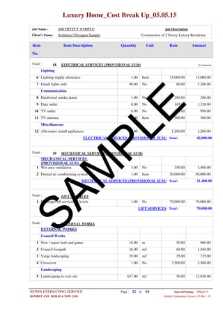 Luxury Home_Cost Break Up_05.05.15
Job Name : ARCHITECT SAMPLE Job Description
Client's Name: Architect / Designer Sample Construction of 2 Storey Luxury Residence
Item DescriptionItem AmountRateUnitQuantity
No.
ELECTRICAL SERVICES (PROVISIONAL SUM)Trade : 18 (Continued)
Lighting
1.00 ItemLighting supply allowance6 15,000.00 15,000.00
90.00 NoInstall lights only7 80.00 7,200.00
Communication
1.00 NoHardwired smoke alarm8 200.00 200.00
8.00 NoData outlet9 165.00 1,320.00
6.00 NoTV outlet10 165.00 990.00
1.00 ItemTV antenna11 500.00 500.00
Miscellaneous
1.00 ItemAllowance install appliances12 1,200.00 1,200.00
ELECTRICAL SERVICES (PROVISIONAL SUM) Total : 42,000.00
MECHANICAL SERVICES (PROVISIONAL SUM)Trade : 19
MECHANICAL SERVICES
(PROVISIONAL SUM)
4.00 NoWet area ventilation1 350.00 1,400.00
1.00 ItemDucted air conditioning system2 20,000.00 20,000.00
MECHANICAL SERVICES (PROVISIONAL SUM) Total : 21,400.00
LIFT SERVICESTrade : 20
1.00 NoPassenger lift servicing 2 levels1 70,000.00 70,000.00
LIFT SERVICES Total : 70,000.00
EXTERNAL WORKSTrade : 21
EXTERNAL WORKS
Council Works
18.00 mNew / repair kerb and gutter1 50.00 900.00
26.00 m2Council footpath2 60.00 1,560.00
29.00 m2Verge landscaping3 25.00 725.00
1.00 NoCrossover4 3,500.00 3,500.00
Landscaping
657.00 m2Landscaping to over site5 50.00 32,850.00
Page : 12NEWIN ESTIMATING SERVICE 5/May/15Date of Printing:
- H10 FIRST AVE BERALA NSW 2141 Global Estimating System (32 Bit)
of 14
SAM
PLE
 