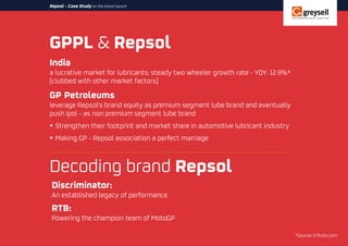 GPPL & Repsol
Repsol - Case Study on the brand launch
India
a lucrative market for lubricants; steady two wheeler growth rate - YOY: 12.9%*
(clubbed with other market factors)
GP Petroleums
leverage Repsol's brand equity as premium segment lube brand and eventually
push Ipol - as non premium segment lube brand
ŸStrengthen their footprint and market share in automotive lubricant industry
ŸMaking GP - Repsol association a perfect marriage
*Source: ETAuto.com
Decoding brand Repsol
Discriminator:
An established legacy of performance
RTB:
Powering the champion team of MotoGP
 
