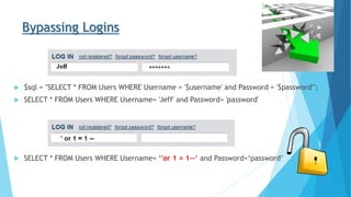 Bypassing Logins
 $sql = "SELECT * FROM Users WHERE Username = '$username' and Password = '$password'";
 SELECT * FROM Users WHERE Username= 'Jeff' and Password= 'password'
 SELECT * FROM Users WHERE Username= ‘'or 1 = 1--‘ and Password=‘password’
 