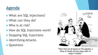 Agenda
 What are SQL Injections?
 What can they do?
 Who is at risk?
 How do SQL Injections work?
 Stopping SQL Injections
 Identifying Attacks
 Questions
 