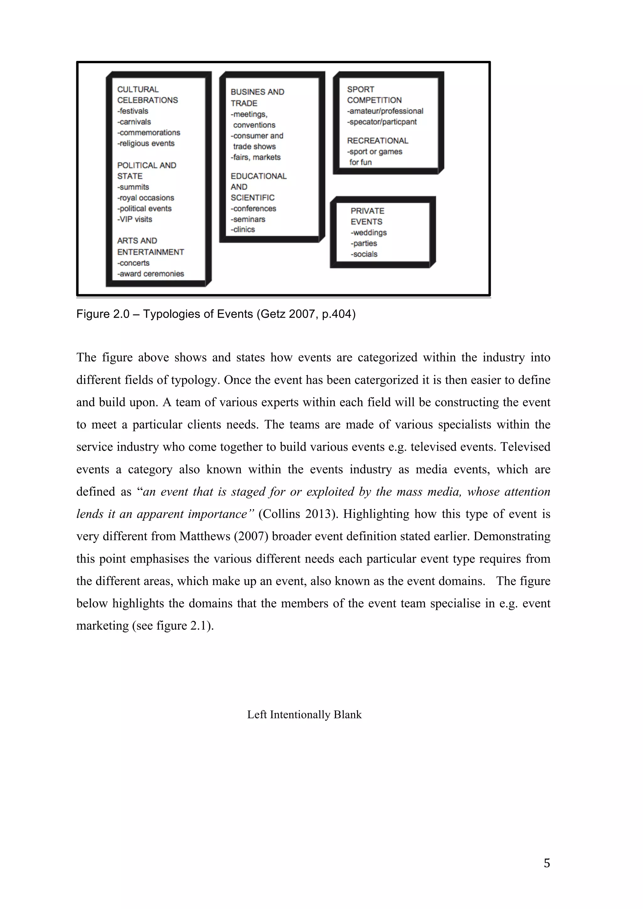   5	
  
Figure 2.0 – Typologies of Events (Getz 2007, p.404)
The figure above shows and states how events are categorized within the industry into
different fields of typology. Once the event has been catergorized it is then easier to define
and build upon. A team of various experts within each field will be constructing the event
to meet a particular clients needs. The teams are made of various specialists within the
service industry who come together to build various events e.g. televised events. Televised
events a category also known within the events industry as media events, which are
defined as “an event that is staged for or exploited by the mass media, whose attention
lends it an apparent importance” (Collins 2013). Highlighting how this type of event is
very different from Matthews (2007) broader event definition stated earlier. Demonstrating
this point emphasises the various different needs each particular event type requires from
the different areas, which make up an event, also known as the event domains. The figure
below highlights the domains that the members of the event team specialise in e.g. event
marketing (see figure 2.1).
Left Intentionally Blank
 