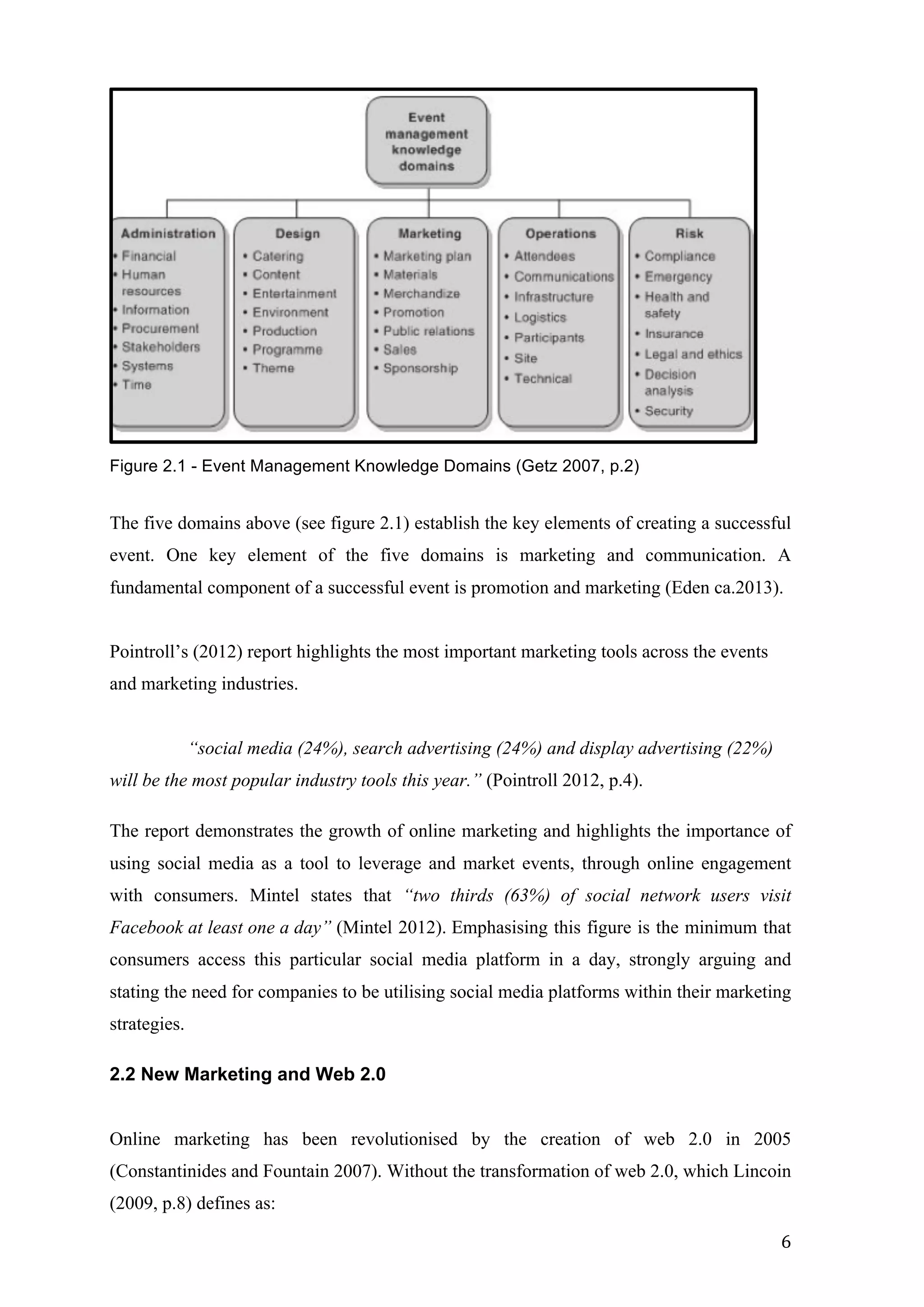  
	
   6	
  
Figure 2.1 - Event Management Knowledge Domains (Getz 2007, p.2)
The five domains above (see figure 2.1) establish the key elements of creating a successful
event. One key element of the five domains is marketing and communication. A
fundamental component of a successful event is promotion and marketing (Eden ca.2013).
Pointroll’s (2012) report highlights the most important marketing tools across the events
and marketing industries.
“social media (24%), search advertising (24%) and display advertising (22%)
will be the most popular industry tools this year.” (Pointroll 2012, p.4).
The report demonstrates the growth of online marketing and highlights the importance of
using social media as a tool to leverage and market events, through online engagement
with consumers. Mintel states that “two thirds (63%) of social network users visit
Facebook at least one a day” (Mintel 2012). Emphasising this figure is the minimum that
consumers access this particular social media platform in a day, strongly arguing and
stating the need for companies to be utilising social media platforms within their marketing
strategies.
2.2 New Marketing and Web 2.0
Online marketing has been revolutionised by the creation of web 2.0 in 2005
(Constantinides and Fountain 2007). Without the transformation of web 2.0, which Lincoin
(2009, p.8) defines as:
 
