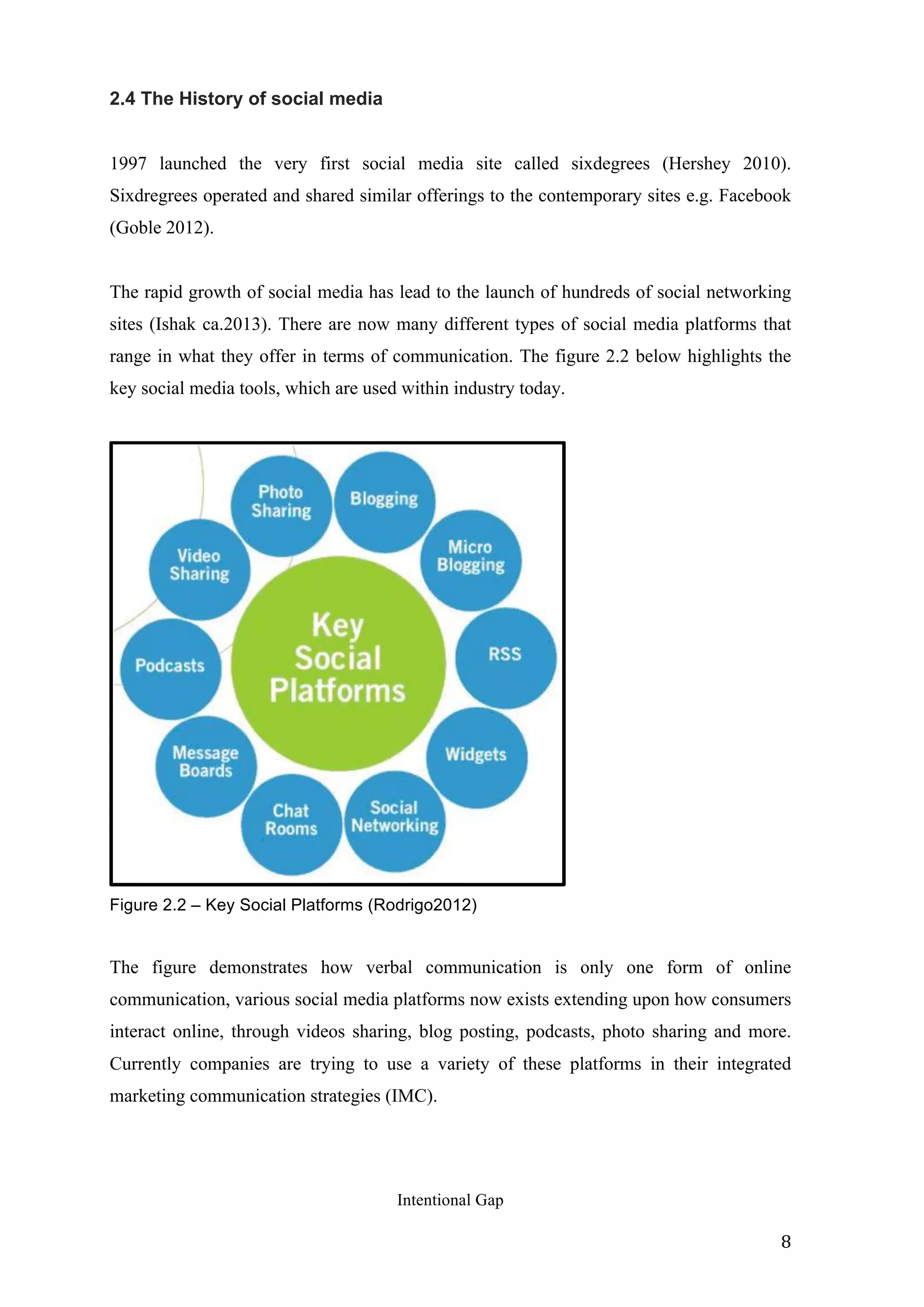  
	
   8	
  
2.4 The History of social media
1997 launched the very first social media site called sixdegrees (Hershey 2010).
Sixdregrees operated and shared similar offerings to the contemporary sites e.g. Facebook
(Goble 2012).
The rapid growth of social media has lead to the launch of hundreds of social networking
sites (Ishak ca.2013). There are now many different types of social media platforms that
range in what they offer in terms of communication. The figure 2.2 below highlights the
key social media tools, which are used within industry today.
Figure 2.2 – Key Social Platforms (Rodrigo2012)
The figure demonstrates how verbal communication is only one form of online
communication, various social media platforms now exists extending upon how consumers
interact online, through videos sharing, blog posting, podcasts, photo sharing and more.
Currently companies are trying to use a variety of these platforms in their integrated
marketing communication strategies (IMC).
Intentional Gap
 