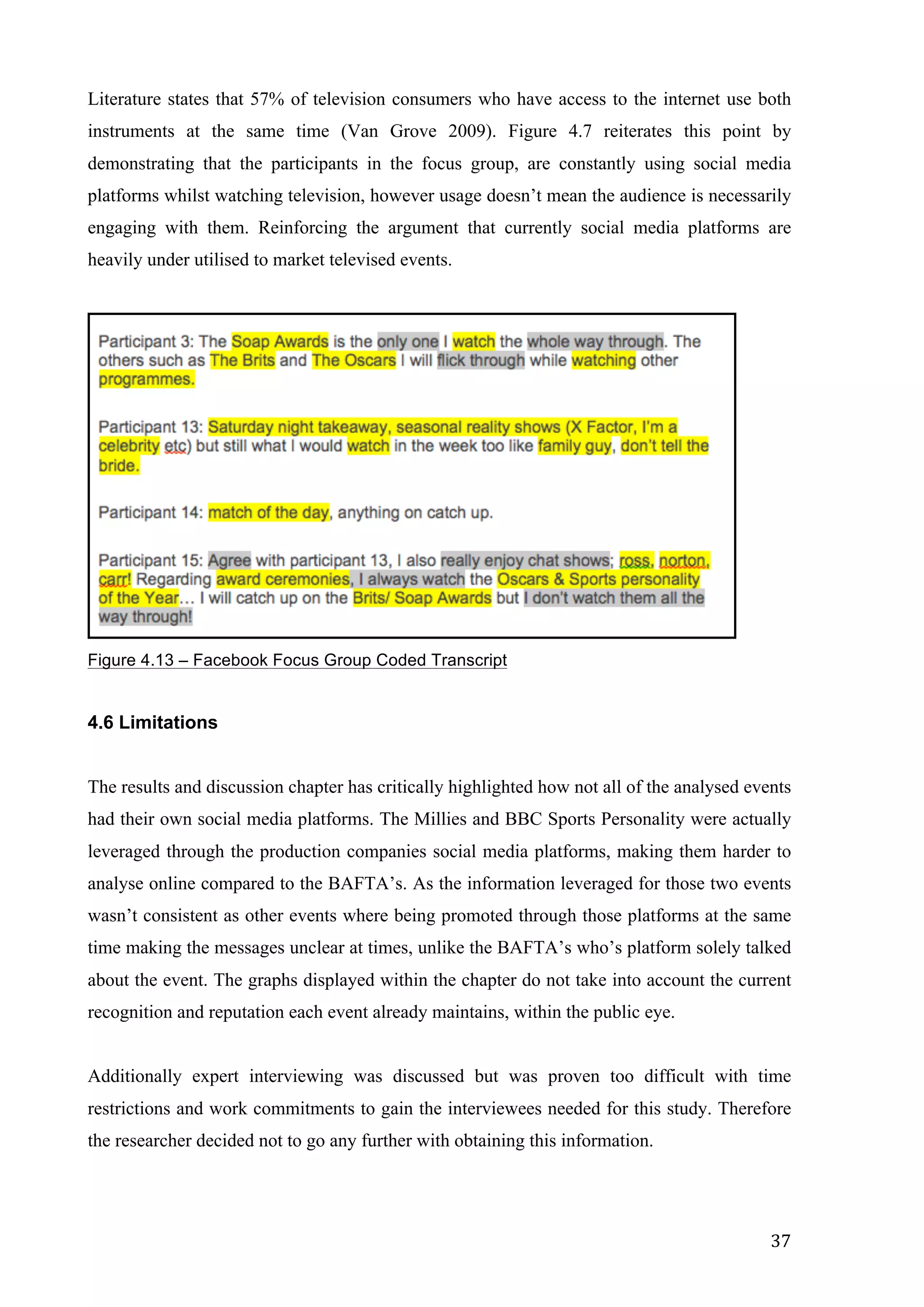   37	
  
Literature states that 57% of television consumers who have access to the internet use both
instruments at the same time (Van Grove 2009). Figure 4.7 reiterates this point by
demonstrating that the participants in the focus group, are constantly using social media
platforms whilst watching television, however usage doesn’t mean the audience is necessarily
engaging with them. Reinforcing the argument that currently social media platforms are
heavily under utilised to market televised events.
Figure 4.13 – Facebook Focus Group Coded Transcript
4.6 Limitations
The results and discussion chapter has critically highlighted how not all of the analysed events
had their own social media platforms. The Millies and BBC Sports Personality were actually
leveraged through the production companies social media platforms, making them harder to
analyse online compared to the BAFTA’s. As the information leveraged for those two events
wasn’t consistent as other events where being promoted through those platforms at the same
time making the messages unclear at times, unlike the BAFTA’s who’s platform solely talked
about the event. The graphs displayed within the chapter do not take into account the current
recognition and reputation each event already maintains, within the public eye.
Additionally expert interviewing was discussed but was proven too difficult with time
restrictions and work commitments to gain the interviewees needed for this study. Therefore
the researcher decided not to go any further with obtaining this information.
 