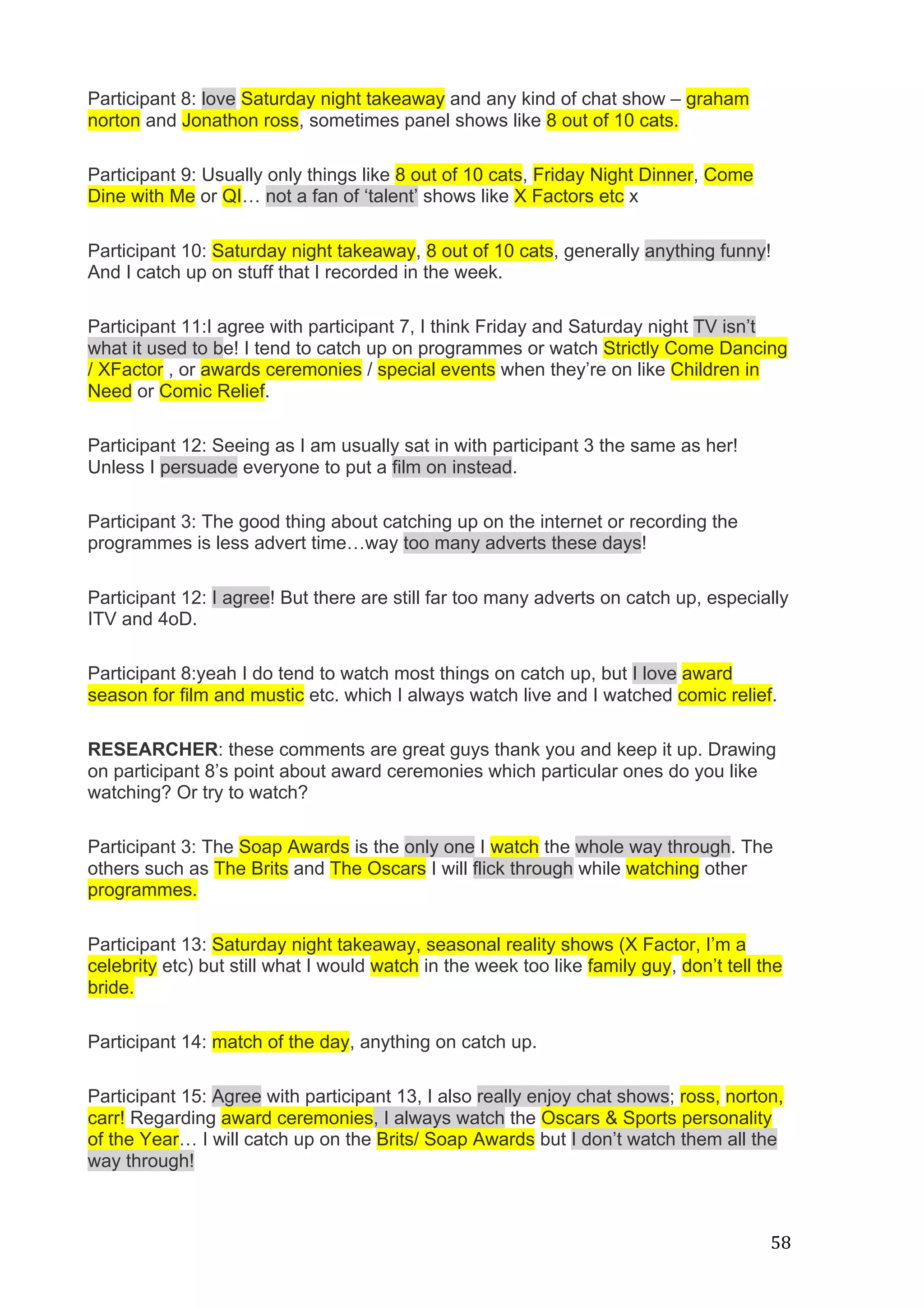  
	
   58	
  
Participant 8: love Saturday night takeaway and any kind of chat show – graham
norton and Jonathon ross, sometimes panel shows like 8 out of 10 cats.
Participant 9: Usually only things like 8 out of 10 cats, Friday Night Dinner, Come
Dine with Me or QI… not a fan of ‘talent’ shows like X Factors etc x
Participant 10: Saturday night takeaway, 8 out of 10 cats, generally anything funny!
And I catch up on stuff that I recorded in the week.
Participant 11:I agree with participant 7, I think Friday and Saturday night TV isn’t
what it used to be! I tend to catch up on programmes or watch Strictly Come Dancing
/ XFactor , or awards ceremonies / special events when they’re on like Children in
Need or Comic Relief.
Participant 12: Seeing as I am usually sat in with participant 3 the same as her!
Unless I persuade everyone to put a film on instead.
Participant 3: The good thing about catching up on the internet or recording the
programmes is less advert time…way too many adverts these days!
Participant 12: I agree! But there are still far too many adverts on catch up, especially
ITV and 4oD.
Participant 8:yeah I do tend to watch most things on catch up, but I love award
season for film and mustic etc. which I always watch live and I watched comic relief.
RESEARCHER: these comments are great guys thank you and keep it up. Drawing
on participant 8’s point about award ceremonies which particular ones do you like
watching? Or try to watch?
Participant 3: The Soap Awards is the only one I watch the whole way through. The
others such as The Brits and The Oscars I will flick through while watching other
programmes.
Participant 13: Saturday night takeaway, seasonal reality shows (X Factor, I’m a
celebrity etc) but still what I would watch in the week too like family guy, don’t tell the
bride.
Participant 14: match of the day, anything on catch up.
Participant 15: Agree with participant 13, I also really enjoy chat shows; ross, norton,
carr! Regarding award ceremonies, I always watch the Oscars & Sports personality
of the Year… I will catch up on the Brits/ Soap Awards but I don’t watch them all the
way through!
 