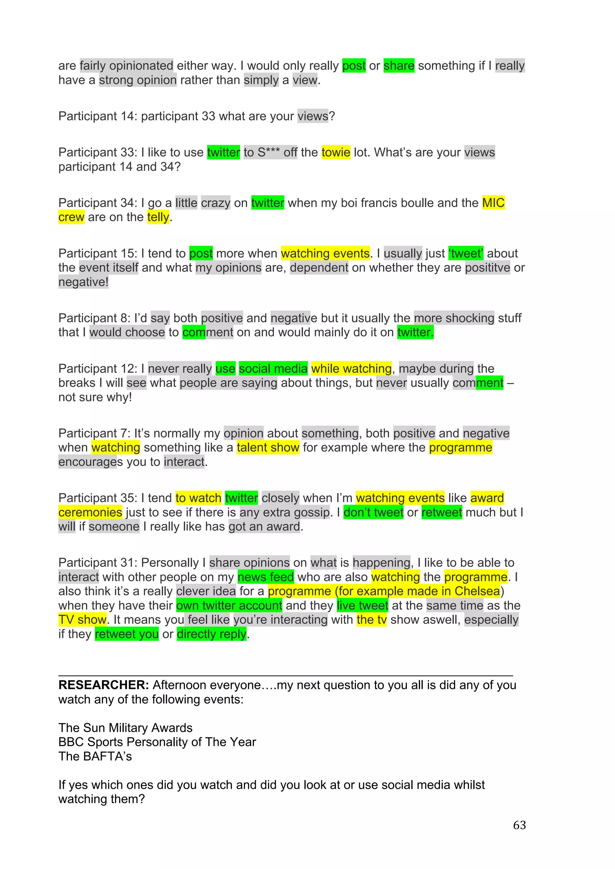   63	
  
are fairly opinionated either way. I would only really post or share something if I really
have a strong opinion rather than simply a view.
Participant 14: participant 33 what are your views?
Participant 33: I like to use twitter to S*** off the towie lot. What’s are your views
participant 14 and 34?
Participant 34: I go a little crazy on twitter when my boi francis boulle and the MIC
crew are on the telly.
Participant 15: I tend to post more when watching events. I usually just ‘tweet’ about
the event itself and what my opinions are, dependent on whether they are posititve or
negative!
Participant 8: I’d say both positive and negative but it usually the more shocking stuff
that I would choose to comment on and would mainly do it on twitter.
Participant 12: I never really use social media while watching, maybe during the
breaks I will see what people are saying about things, but never usually comment –
not sure why!
Participant 7: It’s normally my opinion about something, both positive and negative
when watching something like a talent show for example where the programme
encourages you to interact.
Participant 35: I tend to watch twitter closely when I’m watching events like award
ceremonies just to see if there is any extra gossip. I don’t tweet or retweet much but I
will if someone I really like has got an award.
Participant 31: Personally I share opinions on what is happening, I like to be able to
interact with other people on my news feed who are also watching the programme. I
also think it’s a really clever idea for a programme (for example made in Chelsea)
when they have their own twitter account and they live tweet at the same time as the
TV show. It means you feel like you’re interacting with the tv show aswell, especially
if they retweet you or directly reply.
___________________________________________________________________________________________________	
  
RESEARCHER: Afternoon everyone….my next question to you all is did any of you
watch any of the following events:
The Sun Military Awards
BBC Sports Personality of The Year
The BAFTA’s
If yes which ones did you watch and did you look at or use social media whilst
watching them?
 
