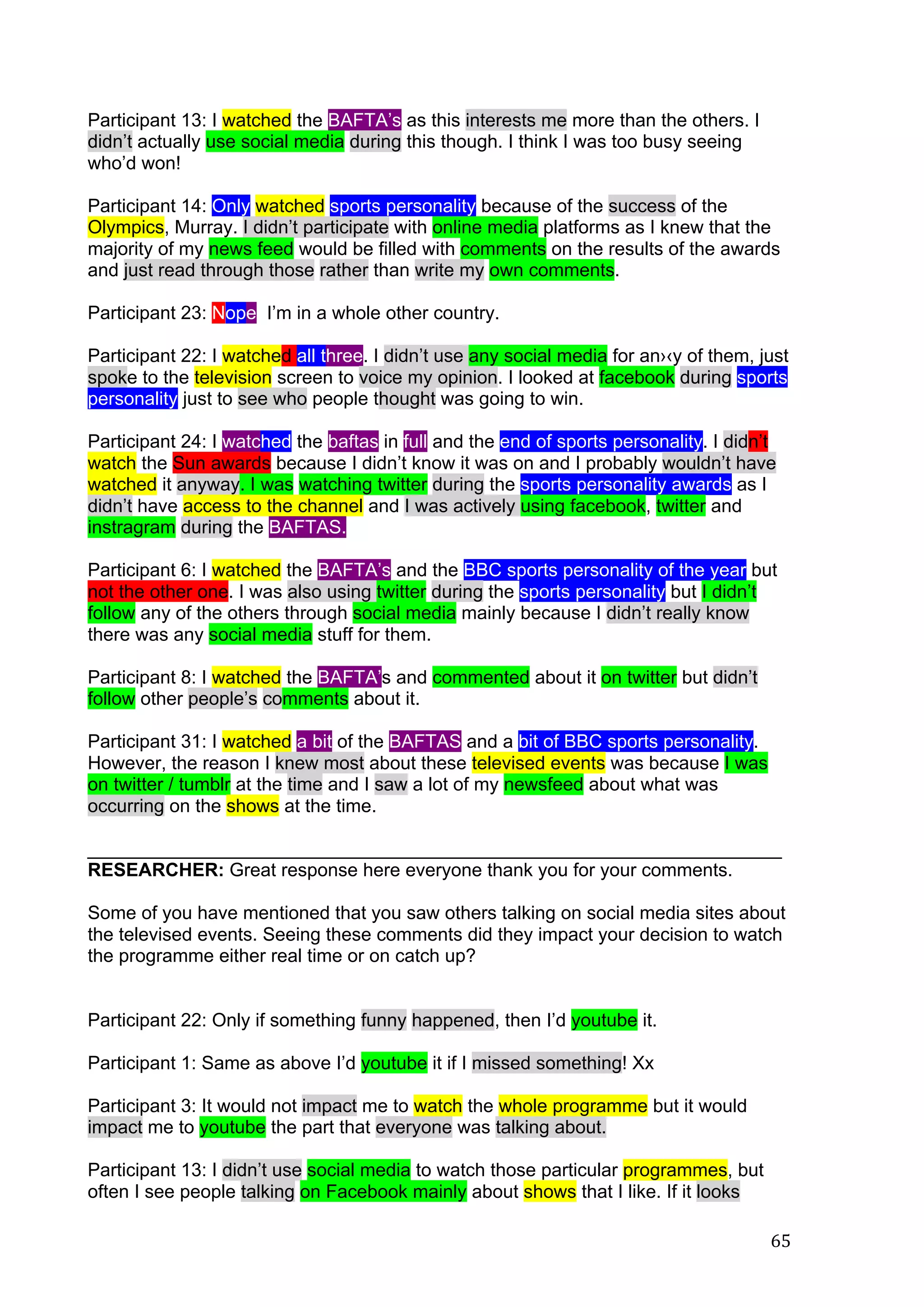   65	
  
Participant 13: I watched the BAFTA’s as this interests me more than the others. I
didn’t actually use social media during this though. I think I was too busy seeing
who’d won!
Participant 14: Only watched sports personality because of the success of the
Olympics, Murray. I didn’t participate with online media platforms as I knew that the
majority of my news feed would be filled with comments on the results of the awards
and just read through those rather than write my own comments.
Participant 23: Nope. I’m in a whole other country.
Participant 22: I watched all three. I didn’t use any social media for an›‹y of them, just
spoke to the television screen to voice my opinion. I looked at facebook during sports
personality just to see who people thought was going to win.
Participant 24: I watched the baftas in full and the end of sports personality. I didn’t
watch the Sun awards because I didn’t know it was on and I probably wouldn’t have
watched it anyway. I was watching twitter during the sports personality awards as I
didn’t have access to the channel and I was actively using facebook, twitter and
instragram during the BAFTAS.
Participant 6: I watched the BAFTA’s and the BBC sports personality of the year but
not the other one. I was also using twitter during the sports personality but I didn’t
follow any of the others through social media mainly because I didn’t really know
there was any social media stuff for them.
Participant 8: I watched the BAFTA’s and commented about it on twitter but didn’t
follow other people’s comments about it.
Participant 31: I watched a bit of the BAFTAS and a bit of BBC sports personality.
However, the reason I knew most about these televised events was because I was
on twitter / tumblr at the time and I saw a lot of my newsfeed about what was
occurring on the shows at the time.
___________________________________________________________________
RESEARCHER: Great response here everyone thank you for your comments.
Some of you have mentioned that you saw others talking on social media sites about
the televised events. Seeing these comments did they impact your decision to watch
the programme either real time or on catch up?
Participant 22: Only if something funny happened, then I’d youtube it.
Participant 1: Same as above I’d youtube it if I missed something! Xx
Participant 3: It would not impact me to watch the whole programme but it would
impact me to youtube the part that everyone was talking about.
Participant 13: I didn’t use social media to watch those particular programmes, but
often I see people talking on Facebook mainly about shows that I like. If it looks
 
