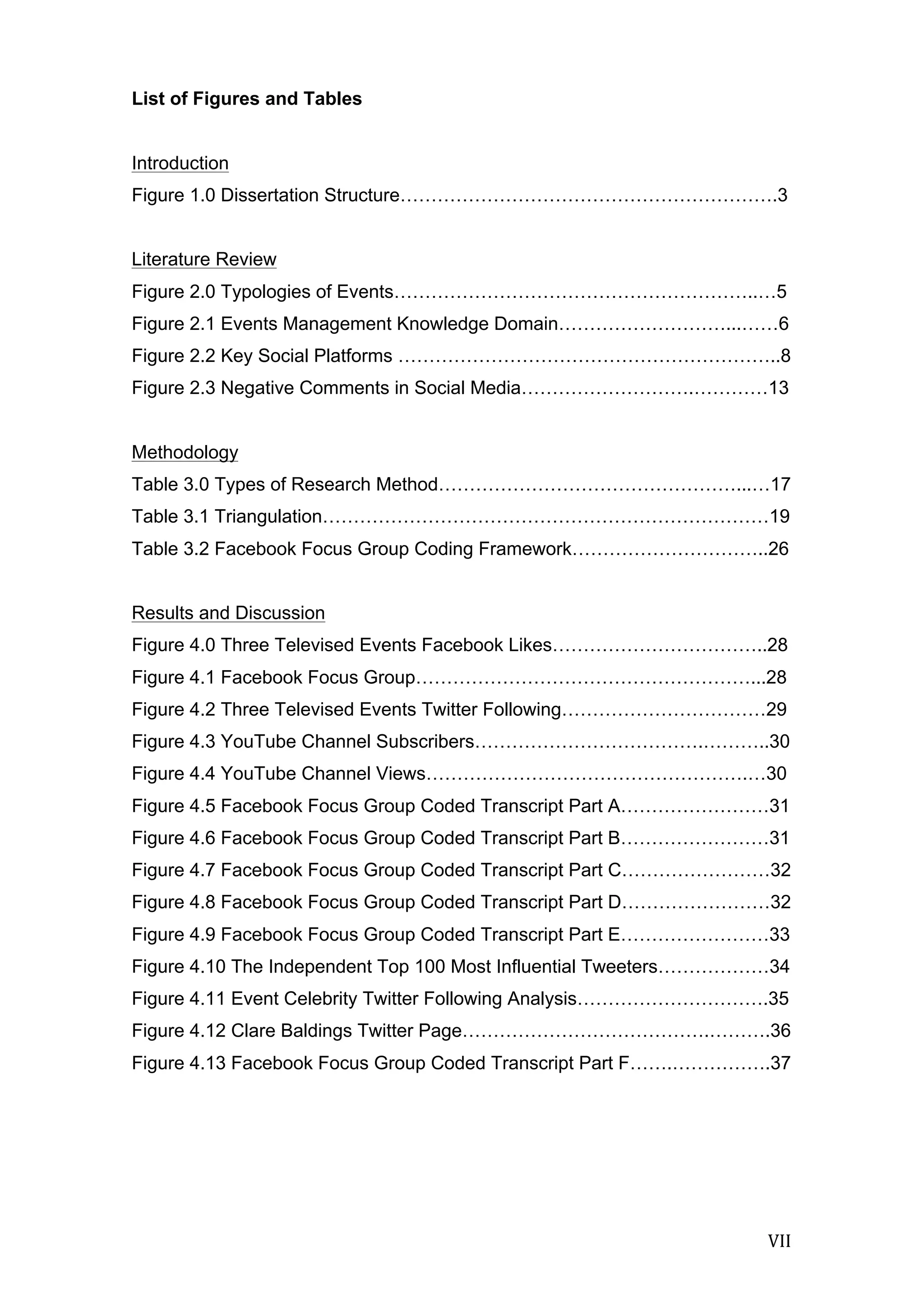   VII	
  
List of Figures and Tables
Introduction
Figure 1.0 Dissertation Structure…………………………………………………….3
Literature Review
Figure 2.0 Typologies of Events…………………………………………………..…5
Figure 2.1 Events Management Knowledge Domain………………………...……6
Figure 2.2 Key Social Platforms ……………………………………………………..8
Figure 2.3 Negative Comments in Social Media……………………….…………13
Methodology
Table 3.0 Types of Research Method…………………………………………...…17
Table 3.1 Triangulation………………………………………………………………19
Table 3.2 Facebook Focus Group Coding Framework…………………………..26
Results and Discussion
Figure 4.0 Three Televised Events Facebook Likes……………………………..28
Figure 4.1 Facebook Focus Group………………………………………………...28
Figure 4.2 Three Televised Events Twitter Following……………………………29
Figure 4.3 YouTube Channel Subscribers……………………………….………..30
Figure 4.4 YouTube Channel Views…………………………………………….…30
Figure 4.5 Facebook Focus Group Coded Transcript Part A……………………31
Figure 4.6 Facebook Focus Group Coded Transcript Part B……………………31
Figure 4.7 Facebook Focus Group Coded Transcript Part C……………………32
Figure 4.8 Facebook Focus Group Coded Transcript Part D……………………32
Figure 4.9 Facebook Focus Group Coded Transcript Part E……………………33
Figure 4.10 The Independent Top 100 Most Influential Tweeters………………34
Figure 4.11 Event Celebrity Twitter Following Analysis………………………….35
Figure 4.12 Clare Baldings Twitter Page………………………………….……….36
Figure 4.13 Facebook Focus Group Coded Transcript Part F…….…………….37
 