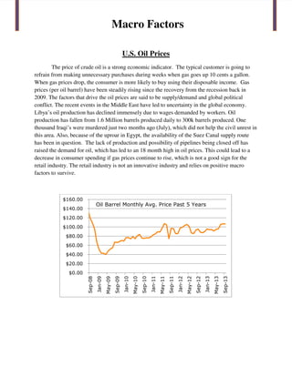 Macro Factors
U.S. Oil Prices
The price of crude oil is a strong economic indicator. The typical customer is going to
refrain from making unnecessary purchases during weeks when gas goes up 10 cents a gallon.
When gas prices drop, the consumer is more likely to buy using their disposable income. Gas
prices (per oil barrel) have been steadily rising since the recovery from the recession back in
2009. The factors that drive the oil prices are said to be supply/demand and global political
conflict. The recent events in the Middle East have led to uncertainty in the global economy.
Libya’s oil production has declined immensely due to wages demanded by workers. Oil
production has fallen from 1.6 Million barrels produced daily to 300k barrels produced. One
thousand Iraqi’s were murdered just two months ago (July), which did not help the civil unrest in
this area. Also, because of the uproar in Egypt, the availability of the Suez Canal supply route
has been in question. The lack of production and possibility of pipelines being closed off has
raised the demand for oil, which has led to an 18 month high in oil prices. This could lead to a
decrease in consumer spending if gas prices continue to rise, which is not a good sign for the
retail industry. The retail industry is not an innovative industry and relies on positive macro
factors to survive.
$0.00
$20.00
$40.00
$60.00
$80.00
$100.00
$120.00
$140.00
$160.00
Sep-08
Jan-09
May-09
Sep-09
Jan-10
May-10
Sep-10
Jan-11
May-11
Sep-11
Jan-12
May-12
Sep-12
Jan-13
May-13
Sep-13
Oil Barrel Monthly Avg. Price Past 5 Years
 