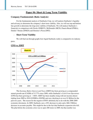 Marron, Steven TR 7:30-8:45PM
Paper #4- Short & Long Term Viability
Company Fundamentals (Ratio Analysis)
For the fundamental analysis of Starbucks Corp, we will analyze Starbucks’s liquidity
and solvency to determine the company’s short term viability. Also, we will use top and bottom
line growth to determine the long-term viability of Starbucks. We will analyze Starbucks’s
financials in comparison with Nestle (NSRGY), McDonalds (MCD), Panera Bread (PNRA),
Dunkin’ Donuts (DNKN) and Domino’s Pizza (DPZ).
- Short Term Viability
We will find out through graphs how liquid Starbucks really is compared to its industry
peers.
CFO vs. EBIT
The Earnings Before Interest and Taxes (EBIT) has been growing at a compounded
annual growth rate (CAGR) of 15.77% since 2008, while Starbucks’s Cash From Operations
(CFO) has been growing at – 3.86%. EBIT has been steadily rising with net income almost
tripling from 2009 to 2010 ($390M to $945M) and now checking in at over $1 Billion for the
past two years. The reason for the negative CFO% definitely has to do with the 2008-2009
economic downturns. In 2009, Starbucks saw a 10% decrease in sales and a $68.2 Million
decrease in accounts payable. This might be due to the fact that Starbucks expansion also fell.
The plan before the economic crisis was to open 200 stores in 2009, but that number was
0
500
1000
1500
2000
2500
3000
3500
2008 2009 2010 2011 2012
CFO
EBIT
CFO vs EBIT in $ Millions
Chart # 1
 