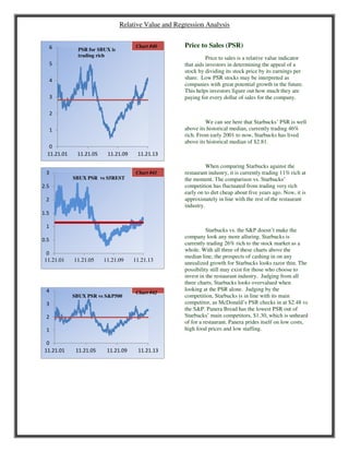 Relative Value and Regression Analysis
Price to Sales (PSR)
Price to sales is a relative value indicator
that aids investors in determining the appeal of a
stock by dividing its stock price by its earnings per
share. Low PSR stocks may be interpreted as
companies with great potential growth in the future.
This helps investors figure out how much they are
paying for every dollar of sales for the company.
We can see here that Starbucks’ PSR is well
above its historical median, currently trading 46%
rich. From early 2001 to now, Starbucks has lived
above its historical median of $2.81.
When comparing Starbucks against the
restaurant industry, it is currently trading 11% rich at
the moment. The comparison vs. Starbucks’
competition has fluctuated from trading very rich
early on to dirt cheap about five years ago. Now, it is
approximately in line with the rest of the restaurant
industry.
Starbucks vs. the S&P doesn’t make the
company look any more alluring. Starbucks is
currently trading 26% rich to the stock market as a
whole. With all three of these charts above the
median line, the prospects of cashing in on any
unrealized growth for Starbucks looks razor thin. The
possibility still may exist for those who choose to
invest in the restaurant industry. Judging from all
three charts, Starbucks looks overvalued when
looking at the PSR alone. Judging by the
competition, Starbucks is in line with its main
competitor, as McDonald’s PSR checks in at $2.48 vs
the S&P. Panera Bread has the lowest PSR out of
Starbucks’ main competitors, $1.30, which is unheard
of for a restaurant. Panera prides itself on low costs,
high food prices and low staffing.
0
1
2
3
4
5
6
11.21.01 11.21.05 11.21.09 11.21.13
Chart #40
PSR for SBUX is
trading rich
0
0.5
1
1.5
2
2.5
3
11.21.01 11.21.05 11.21.09 11.21.13
Chart #41
SBUX PSR vs S5REST
0
1
2
3
4
11.21.01 11.21.05 11.21.09 11.21.13
Chart #42
SBUX PSR vs S&P500
 