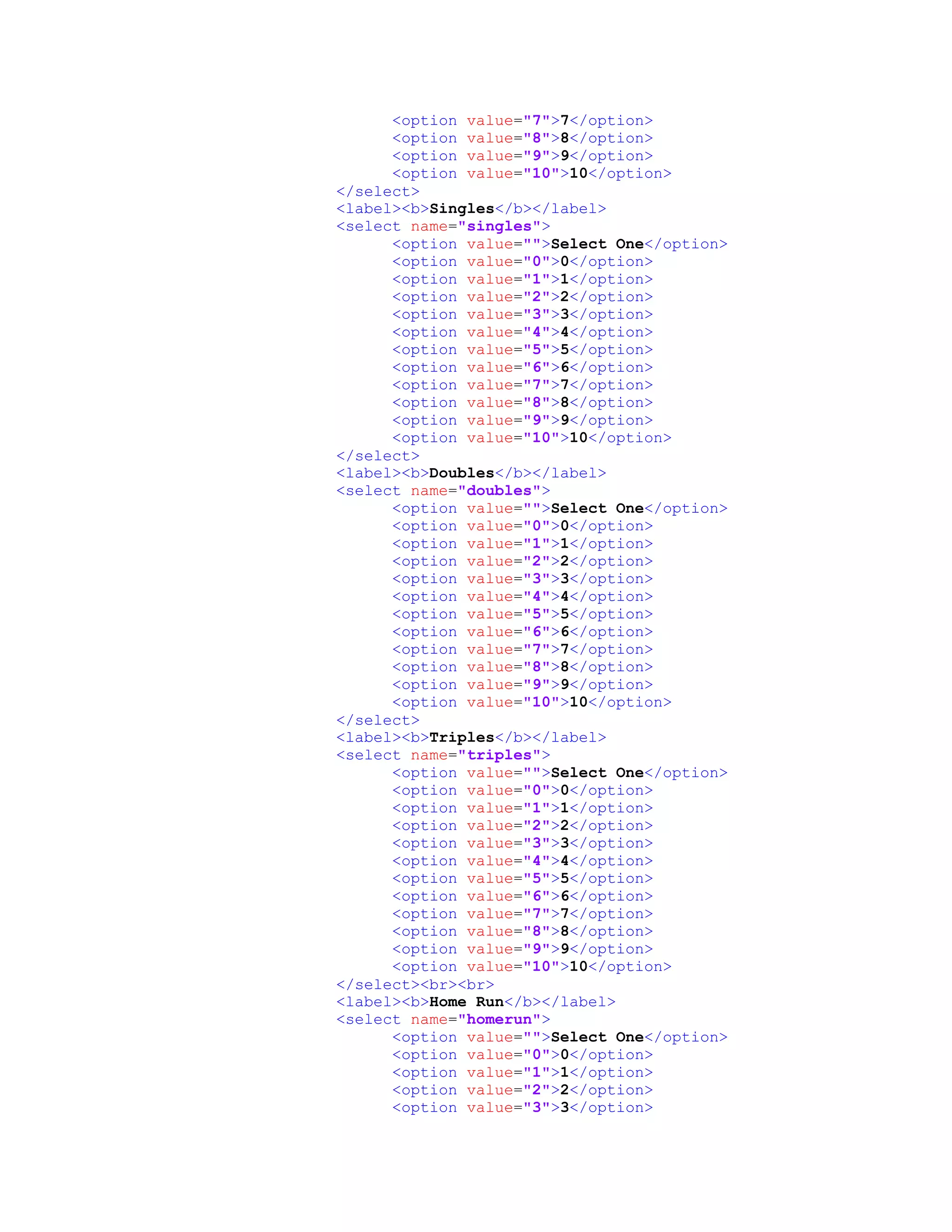 <option value="7">7</option>
<option value="8">8</option>
<option value="9">9</option>
<option value="10">10</option>
</select>
<label><b>Singles</b></label>
<select name="singles">
<option value="">Select One</option>
<option value="0">0</option>
<option value="1">1</option>
<option value="2">2</option>
<option value="3">3</option>
<option value="4">4</option>
<option value="5">5</option>
<option value="6">6</option>
<option value="7">7</option>
<option value="8">8</option>
<option value="9">9</option>
<option value="10">10</option>
</select>
<label><b>Doubles</b></label>
<select name="doubles">
<option value="">Select One</option>
<option value="0">0</option>
<option value="1">1</option>
<option value="2">2</option>
<option value="3">3</option>
<option value="4">4</option>
<option value="5">5</option>
<option value="6">6</option>
<option value="7">7</option>
<option value="8">8</option>
<option value="9">9</option>
<option value="10">10</option>
</select>
<label><b>Triples</b></label>
<select name="triples">
<option value="">Select One</option>
<option value="0">0</option>
<option value="1">1</option>
<option value="2">2</option>
<option value="3">3</option>
<option value="4">4</option>
<option value="5">5</option>
<option value="6">6</option>
<option value="7">7</option>
<option value="8">8</option>
<option value="9">9</option>
<option value="10">10</option>
</select><br><br>
<label><b>Home Run</b></label>
<select name="homerun">
<option value="">Select One</option>
<option value="0">0</option>
<option value="1">1</option>
<option value="2">2</option>
<option value="3">3</option>
 