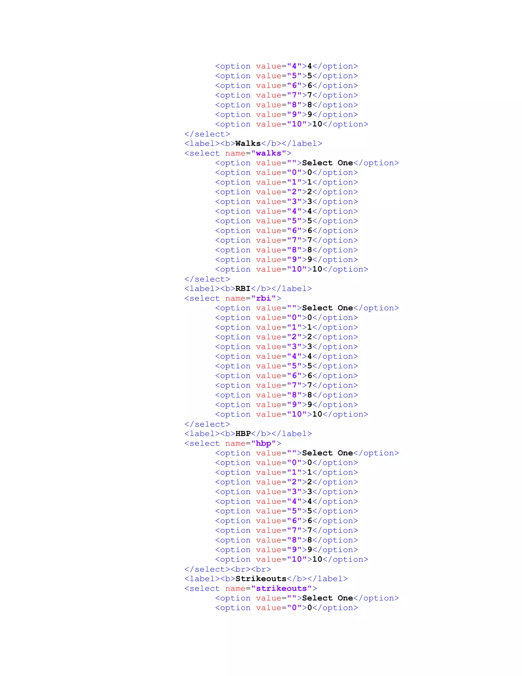 <option value="4">4</option>
<option value="5">5</option>
<option value="6">6</option>
<option value="7">7</option>
<option value="8">8</option>
<option value="9">9</option>
<option value="10">10</option>
</select>
<label><b>Walks</b></label>
<select name="walks">
<option value="">Select One</option>
<option value="0">0</option>
<option value="1">1</option>
<option value="2">2</option>
<option value="3">3</option>
<option value="4">4</option>
<option value="5">5</option>
<option value="6">6</option>
<option value="7">7</option>
<option value="8">8</option>
<option value="9">9</option>
<option value="10">10</option>
</select>
<label><b>RBI</b></label>
<select name="rbi">
<option value="">Select One</option>
<option value="0">0</option>
<option value="1">1</option>
<option value="2">2</option>
<option value="3">3</option>
<option value="4">4</option>
<option value="5">5</option>
<option value="6">6</option>
<option value="7">7</option>
<option value="8">8</option>
<option value="9">9</option>
<option value="10">10</option>
</select>
<label><b>HBP</b></label>
<select name="hbp">
<option value="">Select One</option>
<option value="0">0</option>
<option value="1">1</option>
<option value="2">2</option>
<option value="3">3</option>
<option value="4">4</option>
<option value="5">5</option>
<option value="6">6</option>
<option value="7">7</option>
<option value="8">8</option>
<option value="9">9</option>
<option value="10">10</option>
</select><br><br>
<label><b>Strikeouts</b></label>
<select name="strikeouts">
<option value="">Select One</option>
<option value="0">0</option>
 