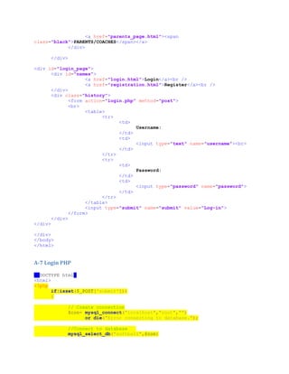 <a href="parents_page.html"><span
class="black">PARENTS/COACHES</span></a>
</div>
</div>
<div id="login_page">
<div id="names">
<a href="login.html">Login</a><br />
<a href="registration.html">Register</a><br />
</div>
<div class="history">
<form action="login.php" method="post">
<br>
<table>
<tr>
<td>
Username:
</td>
<td>
<input type="text" name="username"><br>
</td>
</tr>
<tr>
<td>
Password:
</td>
<td>
<input type="password" name="password">
</td>
</tr>
</table>
<input type="submit" name="submit" value="Log-in">
</form>
</div>
</div>
</div>
</body>
</html>
A-7 Login PHP
<!DOCTYPE html>
<html>
<?php
if(isset($_POST['submit']))
{
// Create connection
$con= mysql_connect("localhost","root","")
or die("Error connecting to database.");
//Connect to database
mysql_select_db("softball",$con)
 