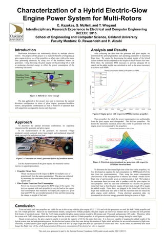 Characterization of a Hybrid Electric-Glow
Engine Power System for Multi-Rotors
Introduction
Multi-rotor helicopters are traditionally driven by multiple electric
motors. The purpose of this project is to study the benefits of integrating a
glow engine to drive two of the propellers on a hex rotor, while at the same
time generating electricity by using two of the brushless motors as
generators. Using this setup, the glow engine will be providing lift as well
as producing electrical energy to offset the power consumption of the
remaining four rotors.
Figure 1: Hybrid hex rotor concept
The data gathered in this project was used to determine the optimal
drivetrain configuration in terms of glow engine, generators/brushless
motors, and propeller combinations as well as behavior of operation that
will outperform a comparable electric-only hex rotor.
Approach
To determine the optimal drivetrain combination, we separately
characterized the generator and glow engine.
In our characterization of the generator, we measured voltage
produced, current sustained, power input/output, and mechanical torque all
while varying RPM and electrical load.
Figure 2: Generator test stand, generator driven by brushless motor
For the characterization of the glow engine, we measured various
metrics in separate procedures:
• Propeller Thrust Data
Thrust was measured with respect to RPM for multiple sizes of
propellers all from the same manufacturer. The data was collected
by measuring the reactionary force at the motor mounts using a
digital scale.
• Glow Engine Power and Fuel Consumption
Power was measured throughout the RPM range of the engine. The
test was repeated with each propeller to vary the load on the engine.
Fuel consumption was measured by keeping the engine at a given
load and RPM for an extended amount of time and then measuring
the change in weight of fuel tank.
Analysis and Results
After collecting the data from the generator and glow engine, we
determined the optimal propellers and operating parameters to maximize
flight time. We started by determining the added weight of the hybrid
system without fuel as compared to the weight of the all-electric hex rotor.
From there, the minimum RPM necessary to provide adequate lift to
cancel out the added weight was calculated as well as the power necessary
to achieve such RPMs.
Figure 3: Engine power with respect to RPM for various propellers
Then, propellers for which the power requirements were unobtainable
from the glow engine were disregarded. This left two propellers. We
found the maximum electrical power that could be generated with the
engine power not consumed by the propellers.
Figure 4: Electrical power produced per generator with respect to
RPM and electrical load
To determine the maximum flight time of the two viable propellers, we
first developed an equation for fuel consumption vs. RPM based off of the
data from our experimentation. Then, using the power consumption
characteristics of the two propellers of interest, we created a model for the
flight time of each propeller given an initial amount of fuel. We looked at
the maximum thrust we were able to produce with the glow engine for
each propeller. Then we used that information to calculate the greatest
initial fuel load so that the glow engine still provided enough lift to negate
the added weight. From there, we plugged in the initial fuel load to the
flight time models and were able to find the maximum time for which the
glow engine could perform. Using electrical generation data, we
determined the electrical energy generated during the course of flight.
Conclusion
From our study, only two propellers are viable for use in this set up with this glow engine (O.S. 15 LA) and with the generators we used: the 6x4-3 blade propeller and
the 7x4-3 blade propeller. Based on our experimental models, using the 6x4 3-blade propeller, the glow engine can run for 22 minutes and 23 seconds and will generate
8.66 Joules of electrical energy. With the 7x4 3-blade propeller the glow engine runtime would be 40 minutes and 19 seconds and generate 4.49 Joules. Therefore, while
the system with 7x4 3-blade propellers will run longer than the system with 6x4 3-blade propellers, it will generate significantly less energy during its entire flight.
Based on our analysis, the glow engine is unable to provide the majority of lift for the entire hex rotor. It is, however, capable of negating the added weight of the
hybrid system plus fuel and generating power for the electrical system of the hex rotor during the duration of flight which will allow for an overall extension in flight time.
Therefore, a hybrid electric-glow engine powered hex rotor will have a longer flight time than an equivalent all-electric hex rotor. In the future, to determine how much
longer this flight time will be, a full characterization of the power consumption of the electric hex rotor is required.
This work was sponsored in part by the National Science Foundation (NSF) under award number EEC-1263133.
C. Kazokas, S. McNeil, and T. Wiegand
Interdisciplinary Research Experience in Electrical and Computer Engineering
IREECE 2015
School of Engineering and Computer Science, Oakland University
Faculty Mentors: O. Rawashdeh and H. Alzubi
Glow Engine
Brushless Motor
Providing Power
and Lift
6x4 3 Blade Propeller
7x4 3 Blade Propeller