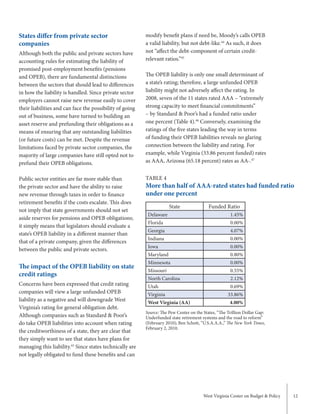 West Virginia Center on Budget & Policy 12
modify benefit plans if need be, Moody’s calls OPEB
a valid liability, but not debt-like.44
As such, it does
not “affect the debt-component of certain credit-
relevant ratios.”45
The OPEB liability is only one small determinant of
a state’s rating; therefore, a large unfunded OPEB
liability might not adversely affect the rating. In
2008, seven of the 11 states rated AAA – “extremely
strong capacity to meet financial commitments”
– by Standard & Poor’s had a funded ratio under
one percent (Table 4).46
Conversely, examining the
ratings of the five states leading the way in terms
of funding their OPEB liabilities reveals no glaring
connection between the liability and rating. For
example, while Virginia (33.86 percent funded) rates
as AAA, Arizona (65.18 percent) rates as AA-.47
States differ from private sector
companies
Although both the public and private sectors have
accounting rules for estimating the liability of
promised post-employment benefits (pensions
and OPEB), there are fundamental distinctions
between the sectors that should lead to differences
in how the liability is handled. Since private sector
employers cannot raise new revenue easily to cover
their liabilities and can face the possibility of going
out of business, some have turned to building an
asset reserve and prefunding their obligations as a
means of ensuring that any outstanding liabilities
(or future costs) can be met. Despite the revenue
limitations faced by private sector companies, the
majority of large companies have still opted not to
prefund their OPEB obligations.
Public sector entities are far more stable than
the private sector and have the ability to raise
new revenue through taxes in order to finance
retirement benefits if the costs escalate. This does
not imply that state governments should not set
aside reserves for pensions and OPEB obligations;
it simply means that legislators should evaluate a
state’s OPEB liability in a different manner than
that of a private company, given the differences
between the public and private sectors.
The impact of the OPEB liability on state
credit ratings
Concerns have been expressed that credit rating
companies will view a large unfunded OPEB
liability as a negative and will downgrade West
Virginia’s rating for general obligation debt.
Although companies such as Standard & Poor’s
do take OPEB liabilities into account when rating
the creditworthiness of a state, they are clear that
they simply want to see that states have plans for
managing this liability.43
Since states technically are
not legally obligated to fund these benefits and can
TABLE 4
More than half of AAA-rated states had funded ratio
under one percent
State Funded Ratio
Delaware 1.45%
Florida 0.00%
Georgia 4.07%
Indiana 0.00%
Iowa 0.00%
Maryland 0.80%
Minnesota 0.00%
Missouri 0.55%
North Carolina 2.12%
Utah 0.69%
Virginia 33.86%
West Virginia (AA) 4.00%
Source: The Pew Center on the States, “The Trillion Dollar Gap:
Underfunded state retirement systems and the road to reform”
(February 2010); Ben Schott, “U.S.A.A.A.,” The New York Times,
February 2, 2010.
 