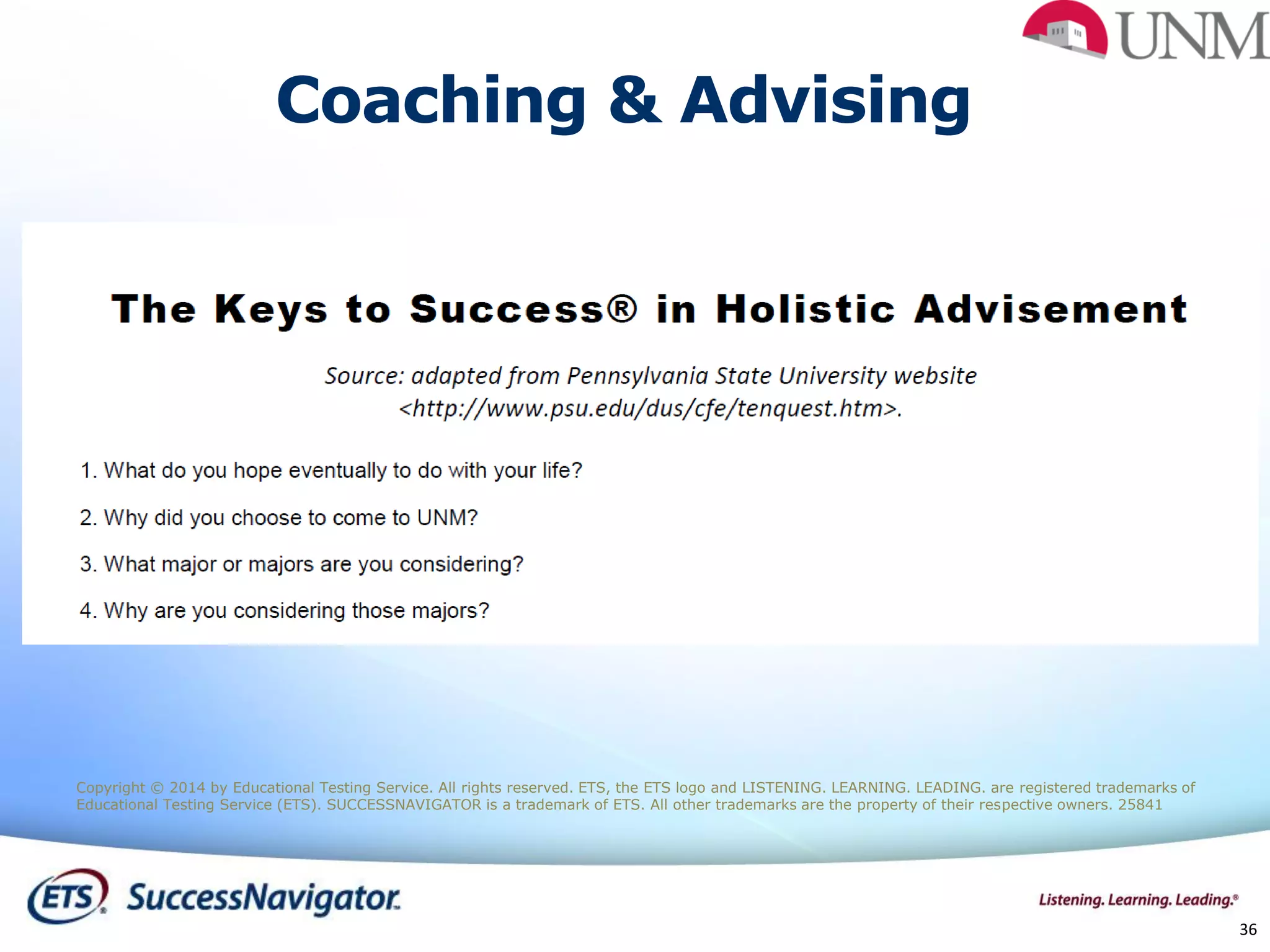 36
Coaching & Advising
Copyright © 2014 by Educational Testing Service. All rights reserved. ETS, the ETS logo and LISTENING. LEARNING. LEADING. are registered trademarks of
Educational Testing Service (ETS). SUCCESSNAVIGATOR is a trademark of ETS. All other trademarks are the property of their respective owners. 25841
 
