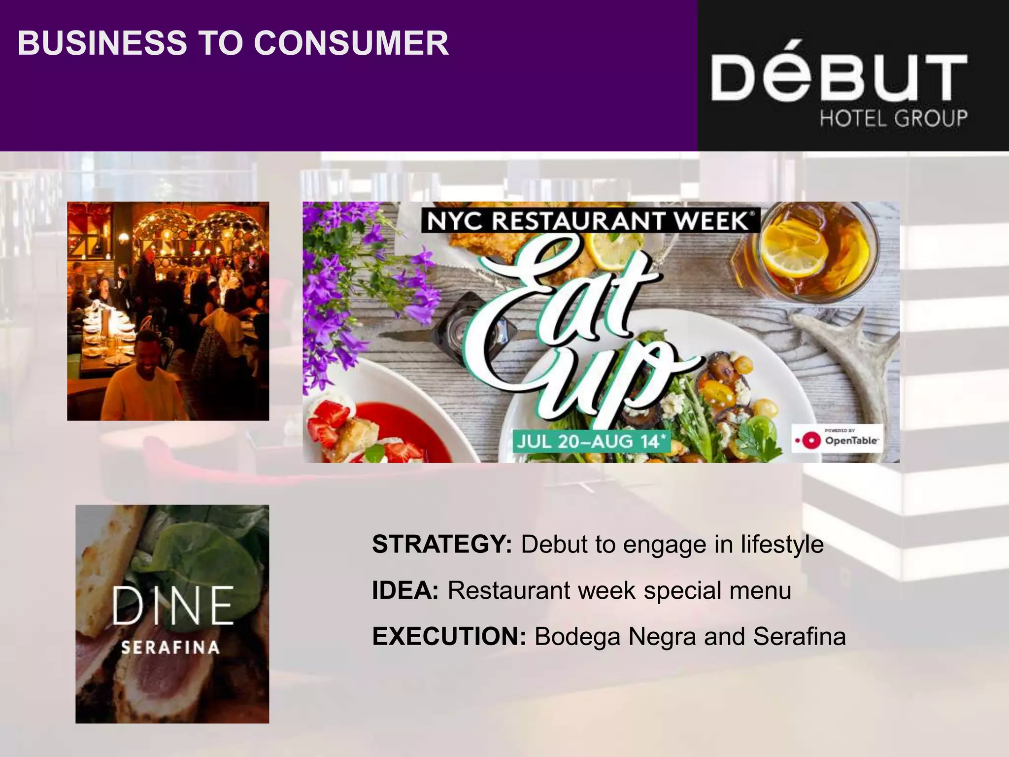 STRATEGY: Debut to engage in lifestyle
IDEA: Restaurant week special menu
EXECUTION: Bodega Negra and Serafina
BUSINESS TO CONSUMER
 