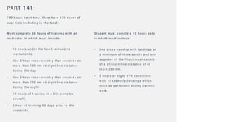 PART 141:
190 hours total time. Must have 120 hours of
dual time including in the total.
Must complete 55 hours of training with an
instructor in which must include:
Student must complete 10 hours solo
in which must include:
• 10 hours under the hood; simulated
instruments.
• One 2 hour cross-country that consists on
more than 100 nm straight line distance
during the day.
• One 2 hour cross-country that consists on
more than 100 nm straight line distance
during the night.
• 10 hours of training in a SEL complex
aircraft .
• 3 hour of training 60 days prior to the
checkride.
• One cross-country with landings at
a minimum of three points and one
segment of the flight must consist
of a straight-line distance of at
least 250 nm.
• 5 hours of night VFR conditions
with 10 takeoffs/landings which
must be performed during pattern
work.
 