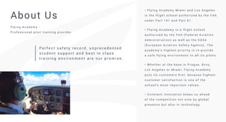 About Us
• F l y i n g A c a d e m y M i a m i a n d L o s A n g e l e s
i s t h e f l i g h t s c h o o l a u t h o r i z e d b y t h e FA A
u n d e r P a r t 1 4 1 a n d P a r t 6 1 .
• F l y i n g A c a d e m y i s a f l i g h t s c h o o l
a u t h o r i z e d b y t h e FA A ( Fe d e r a l A v i a t i o n
A d m i n i s t r a t i o n ) a s w e l l a s t h e E A S A
( E u ro p e a n A v i a t i o n S a fe t y A g e n c y ) . T h e
a c a d e m y ’s h i g h e s t p r i o r i t y i s t o p ro v i d e
a s a fe f l y i n g e n v i ro n m e n t t o a l l i t s p i l o t s .
• W h e t h e r a t t h e b a s e i n P r a g u e , B r n o ,
L o s A n g e l e s o r M i a m i , F l y i n g A c a d e m y
p u t s i t s c u s t o m e r s fi r s t , b e c a u s e h i g h e s t
c u s t o m e r s a t i s f a c t i o n i s o n e o f t h e
s c h o o l ’s m o s t i m p o r t a n t v a l u e s .
• C o n s t a n t i n n o v a t i o n ke e p s u s a h e a d
o f t h e c o m p e t i t i o n n o t o n l y b y g l o b a l
p re s e n c e b u t a l s o i n t e c h n o l o g y.
F l y i n g A c a d e m y -
P ro fe s s i o n a l p i l o t t r a i n i n g p ro v i d e r
P e r fe c t s a fe t y re c o rd , u n p re c e d e n t e d
s t u d e n t s u p p o r t a n d b e s t i n c l a s s
t r a i n i n g e n v i ro n m e n t a r e o u r p ro m i s e .
 