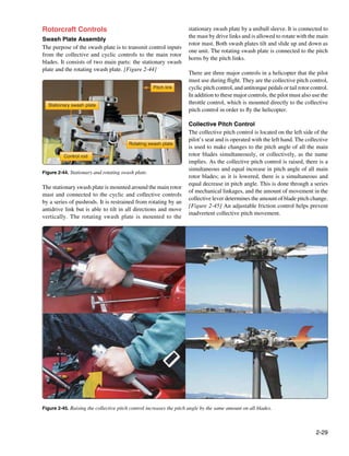Rotorcraft Controls                                                  stationary swash plate by a uniball sleeve. It is connected to
                                                                     the mast by drive links and is allowed to rotate with the main
Swash Plate Assembly
                                                                     rotor mast. Both swash plates tilt and slide up and down as
The purpose of the swash plate is to transmit control inputs
                                                                     one unit. The rotating swash plate is connected to the pitch
from the collective and cyclic controls to the main rotor
                                                                     horns by the pitch links.
blades. It consists of two main parts: the stationary swash
plate and the rotating swash plate. [Figure 2-44]
                                                                     There are three major controls in a helicopter that the pilot
                                                                     must use during flight. They are the collective pitch control,
                                                    Pitch link       cyclic pitch control, and antitorque pedals or tail rotor control.
                                                                     In addition to these major controls, the pilot must also use the
  Stationary swash plate
                                                                     throttle control, which is mounted directly to the collective
                                                                     pitch control in order to fly the helicopter.

                                                                     Collective Pitch Control
                                                                     The collective pitch control is located on the left side of the
                                                                     pilot’s seat and is operated with the left hand. The collective
                                         Rotating swash plate
                                                                     is used to make changes to the pitch angle of all the main
          Control rod                                                rotor blades simultaneously, or collectively, as the name
                                                                     implies. As the collective pitch control is raised, there is a
                                                                     simultaneous and equal increase in pitch angle of all main
Figure 2-44. Stationary and rotating swash plate.
                                                                     rotor blades; as it is lowered, there is a simultaneous and
                                                                     equal decrease in pitch angle. This is done through a series
The stationary swash plate is mounted around the main rotor
                                                                     of mechanical linkages, and the amount of movement in the
mast and connected to the cyclic and collective controls
                                                                     collective lever determines the amount of blade pitch change.
by a series of pushrods. It is restrained from rotating by an
                                                                     [Figure 2-45] An adjustable friction control helps prevent
antidrive link but is able to tilt in all directions and move
                                                                     inadvertent collective pitch movement.
vertically. The rotating swash plate is mounted to the




Figure 2-45. Raising the collective pitch control increases the pitch angle by the same amount on all blades.




                                                                                                                                 2-29
 