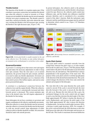 Throttle Control                                                     In piston helicopters, the collective pitch is the primary
The function of the throttle is to regulate engine rpm. If the       control for manifold pressure, and the throttle is the primary
correlator or governor system does not maintain the desired          control for rpm. However, the collective pitch control also
rpm when the collective is raised or lowered, or if those            influences rpm, and the throttle also influences manifold
systems are not installed, the throttle must be moved manually       pressure; therefore, each is considered to be a secondary
with the twist grip to maintain rpm. The throttle control is         control of the other’s function. Both the tachometer (rpm
much like a motorcycle throttle, and works almost the same           indicator) and the manifold pressure gauge must be analyzed
way; twisting the throttle to the left increases rpm, twisting       to determine which control to use. Figure 2-47 illustrates
the throttle to the right decreases rpm. [Figure 2-46]               this relationship.

                                                                       If manifold
                                                                                       and rpm is               Solution
                                                                       pressure is

                                                                                                     Increasing the throttle increases
                                                                          LOW              LOW       manifold pressure and rpm
                             Twist grip throttle
                                                                                                     Lowering the collective pitch
                                                                          HIGH             LOW       decreases manifold pressure
                                                                                                     and increases rpm

                                                                                                     Raising the collective pitch
                                                                          LOW              HIGH      increases manifold pressure and
                                                                                                     decreases rpm

                                                                                                     Reducing the throttle decreases
                                                                          HIGH             HIGH      manifold pressure and rpm


                                                                     Figure 2-47. Relationship between manifold pressure, rpm,
Figure 2-46. A twist grip throttle is usually mounted on the end     collective, and throttle.
of the collective lever. The throttles on some turbine helicopters
are mounted on the overhead panel or on the floor in the cockpit.    Cyclic Pitch Control
                                                                     The cyclic pitch control is mounted vertically from the
Governor/Correlator                                                  cockpit floor, between the pilot’s legs or, in some models,
A governor is a sensing device that senses rotor and engine          between the two pilot seats. [Figure 2-48] This primary flight
rpm and makes the necessary adjustments in order to keep             control allows the pilot to fly the helicopter in any horizontal
rotor rpm constant. Once the rotor rpm is set in normal              direction; fore, aft, and sideways. The total lift force is always
operations, the governor keeps the rpm constant, and there           perpendicular to the tip-path place of the main rotor. The
is no need to make any throttle adjustments. Governors are           purpose of the cyclic pitch control is to tilt the tip-path plane
common on all turbine helicopters (as it is a function of the        in the direction of the desired horizontal direction. The cyclic
fuel control system of the turbine engine), and used on some         control changes the direction of this force and controls the
piston-powered helicopters.                                          attitude and airspeed of the helicopter.

A correlator is a mechanical connection between the                  The rotor disk tilts in the same direction the cyclic pitch
collective lever and the engine throttle. When the collective        control is moved. If the cyclic is moved forward, the rotor
lever is raised, power is automatically increased and when           disk tilts forward; if the cyclic is moved aft, the disk tilts
lowered, power is decreased. This system maintains rpm               aft, and so on. Because the rotor disk acts like a gyro, the
close to the desired value, but still requires adjustment of         mechanical linkages for the cyclic control rods are rigged
the throttle for fine tuning.                                        in such a way that they decrease the pitch angle of the rotor
                                                                     blade approximately 90° before it reaches the direction of
Some helicopters do not have correlators or governors and            cyclic displacement, and increase the pitch angle of the
require coordination of all collective and throttle movements.       rotor blade approximately 90° after it passes the direction
When the collective is raised, the throttle must be increased;       of displacement. An increase in pitch angle increases AOA;
when the collective is lowered, the throttle must be decreased.      a decrease in pitch angle decreases AOA. For example, if
As with any aircraft control, large adjustments of either            the cyclic is moved forward, the AOA decreases as the rotor
collective pitch or throttle should be avoided. All corrections      blade passes the right side of the helicopter and increases on
should be made with smooth pressure.                                 the left side. This results in maximum downward deflection



2-30
 