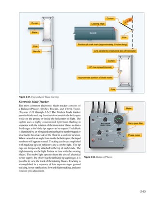Curtain
                                                                                                                                                                           80°
                                                                                                                                                                        to
             Curtain                                                                                                                                               0°
                                                                           Leading edge




                                                                                                                                                               7
             Blade                                                       BLADE

                                                                                                                                                              Pole


                                                             Position of chalk mark (approximately 2 inches long)
               Pole

               Handle                                                           Line parallel to longitudinal axis of helicopter



                                                                                                                Curtain


                                                                        1/2" max spread (typical)



                                                             Approximate position of chalk marks




                                                                                                                       Pole


Figure 2-51. Flag and pole blade tracking.

Electronic Blade Tracker
The most common electronic blade tracker consists of
a Balancer/Phazor, Strobex Tracker, and Vibrex Tester.                                                                                                             Meter
[Figures 2-52 through 2-54] The Strobex blade tracker
                                                                                                         A Channel B
permits blade tracking from inside or outside the helicopter                                         A     B
                                                                                          TRACK

while on the ground or inside the helicopter in flight. The                           COMMON


system uses a highly concentrated light beam flashing in                   MAGNETIC
                                                                           PICKUP
                                                                                                               FUNCTION


                                                                                                                                                                         Band-pass filter
                                                                                                  BALANCER
sequence with the rotation of the main rotor blades so that a                                  MODEL 177M-6A
                                                                                                                                           RPM TONE

fixed target at the blade tips appears to be stopped. Each blade                         X10
                                                                                                  X100
                                                                               X1                                 PUSH FOR

is identified by an elongated retroreflective number taped or                                                     SCALE 2




attached to the underside of the blade in a uniform location.                         RPM RANGE                                                                          Phase meter
When viewed at an angle from inside the helicopter, the taped              DOUBLE                  TEST
                                                                                                                                  10
                                                                                                                                       11
                                                                                                                                             12
                                                                                                                                                  1
                                                                                                                                                      2



numbers will appear normal. Tracking can be accomplished                                                          PHAZOR      9

                                                                                                                                  8                   4
                                                                                                                                                          3




with tracking tip cap reflectors and a strobe light. The tip
                                                                                                                                       7          5
                                                                                                                                             6




caps are temporarily attached to the tip of each blade. The
high-intensity strobe light flashes in time with the rotating
blades. The strobe light operates from the aircraft electrical
power supply. By observing the reflected tip cap image, it is      Figure 2-52. Balancer/Phazor.
possible to view the track of the rotating blades. Tracking is
accomplished in a sequence of four separate steps: ground
tracking, hover verification, forward flight tracking, and auto
rotation rpm adjustment.




                                                                                                                                                                                       2-33
 