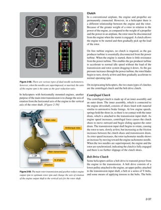 Clutch
                                                                                               In a conventional airplane, the engine and propeller are
                          20                                            E     R                permanently connected. However, in a helicopter there is
               15                   25
                              3

          10
                    2               4
                                            30                     110
                                                                    100
                                                                                110
                                                                               100
                                                                                               a different relationship between the engine and the rotor.
                                                                                               Because of the greater weight of a rotor in relation to the
                                                                       90     90
               1                        5                              80     80
                         R
                         RPM                                          70       70
          5                                 35
                         R

                                                                                               power of the engine, as compared to the weight of a propeller
                         X
                         X100                                        60         60
                                                                   50             50
                         ROTOR

               0                    40
                         ENGINE                                         % RPM                  and the power in an airplane, the rotor must be disconnected
                                                                                               from the engine when the starter is engaged. A clutch allows
                                                                    % RPM                      the engine to be started and then gradually pick up the load
                                                                     120
                                                                     110                       of the rotor.
                                                                        105
                   50
                         60       70                                                           On free turbine engines, no clutch is required, as the gas
                          ROTOR 80                                      100
          40              EE
                           E
                         PEEVER
                         TURBINEA 90
                           R
                                                                                               producer turbine is essentially disconnected from the power
                                                                        95
         30
                             R              100
                                                                                               turbine. When the engine is started, there is little resistance
          20
                        PERCENT
                           C
                          RPM
                           P
                                        110
                                                                        90
                                                                        80
                                                                                               from the power turbine. This enables the gas producer turbine
                   10
                                                                                               to accelerate to normal idle speed without the load of the
                          T
                          0       120                                   70
                                                                        60
                                                                        40
                                                                         0
                                                                                               transmission and rotor system dragging it down. As the gas
                                                                  NR           NP
                                                                                               pressure increases through the power turbine, the rotor blades
                                                                                               begin to turn, slowly at first and then gradually accelerate to
                                                                                               normal operating rpm.
Figure 2-58. There are various types of dual-needle tachometers;
however, when the needles are superimposed, or married, the ratio                              On reciprocating helicopters, the two main types of clutches
of the engine rpm is the same as the gear reduction ratio.                                     are the centrifugal clutch and the belt drive clutch.

In helicopters with horizontally mounted engines, another                                      Centrifugal Clutch
purpose of the main rotor transmission is to change the axis of                                The centrifugal clutch is made up of an inner assembly and
rotation from the horizontal axis of the engine to the vertical                                an outer drum. The inner assembly, which is connected to
axis of the rotor shaft. [Figure 2-59]                                                         the engine driveshaft, consists of shoes lined with material
                                                                                               similar to automotive brake linings. At low engine speeds,
                                                                                               springs hold the shoes in, so there is no contact with the outer
                                                                                               drum, which is attached to the transmission input shaft. As
                                                   Main rotor                                  engine speed increases, centrifugal force causes the clutch
                                                                                               shoes to move outward and begin sliding against the outer
                                                                                               drum. The transmission input shaft begins to rotate, causing
                                                                            Antitorque rotor
                                                                                               the rotor to turn, slowly at first, but increasing as the friction
                                                                                               increases between the clutch shoes and transmission drum.
                                                                                               As rotor speed increases, the rotor tachometer needle shows
                                                                                               an increase by moving toward the engine tachometer needle.
                                                                                               When the two needles are superimposed, the engine and the
                                                                                               rotor are synchronized, indicating the clutch is fully engaged
                                                                                               and there is no further slippage of the clutch shoes.
                                                     Main transmission

                                                                                               Belt Drive Clutch
                                                            to engine
                                                                                               Some helicopters utilize a belt drive to transmit power from
                                                  Gearbox                                      the engine to the transmission. A belt drive consists of a
                                                                                               lower pulley attached to the engine, an upper pulley attached
Figure 2-59. The main rotor transmission and gearbox reduce engine                             to the transmission input shaft, a belt or a series of V-belts,
output rpm to optimum rotor rpm and change the axis of rotation                                and some means of applying tension to the belts. The belts
of the engine output shaft to the vertical axis for the rotor shaft.




                                                                                                                                                           2-37
 