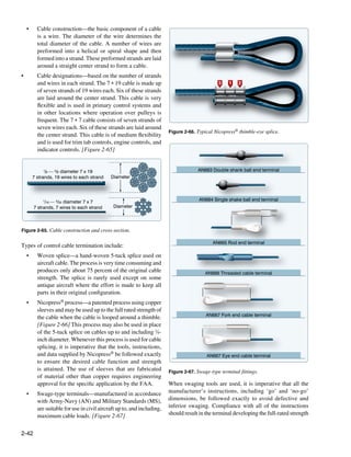 •	     Cable construction—the basic component of a cable
            is a wire. The diameter of the wire determines the
            total diameter of the cable. A number of wires are
            preformed into a helical or spiral shape and then
            formed into a strand. These preformed strands are laid
            around a straight center strand to form a cable.
•	          Cable designations—based on the number of strands
            and wires in each strand. The 7 × 19 cable is made up                                 3    1   2
            of seven strands of 19 wires each. Six of these strands
            are laid around the center strand. This cable is very
            flexible and is used in primary control systems and
            in other locations where operation over pulleys is
            frequent. The 7 × 7 cable consists of seven strands of
            seven wires each. Six of these strands are laid around
                                                                           Figure 2-66. Typical Nicopress® thimble-eye splice.
            the center strand. This cable is of medium flexibility
            and is used for trim tab controls, engine controls, and
            indicator controls. [Figure 2-65]


                1/8 — 3/8 diameter 7 x 19                                               AN663 Double shank ball end terminal
          7 strands, 19 wires to each strand   Diameter




               1/16 — 3/32 diameter 7 x 7                                                AN664 Single shake ball end terminal
          7 strands, 7 wires to each strand     Diameter




Figure 2-65. Cable construction and cross-section.

                                                                                               AN665 Rod end terminal
Types of control cable termination include:
     •	     Woven splice—a hand-woven 5-tuck splice used on
            aircraft cable. The process is very time consuming and
            produces only about 75 percent of the original cable                            AN666 Threaded cable terminal
            strength. The splice is rarely used except on some
            antique aircraft where the effort is made to keep all
            parts in their original configuration.
     •	     Nicopress® process—a patented process using copper
            sleeves and may be used up to the full rated strength of
                                                                                            AN667 Fork end cable terminal
            the cable when the cable is looped around a thimble.
            [Figure 2-66] This process may also be used in place
            of the 5-tuck splice on cables up to and including 3⁄8-
            inch diameter. Whenever this process is used for cable
            splicing, it is imperative that the tools, instructions,
            and data supplied by Nicopress® be followed exactly                             AN667 Eye end cable terminal
            to ensure the desired cable function and strength
            is attained. The use of sleeves that are fabricated            Figure 2-67. Swage-type terminal fittings.
            of material other than copper requires engineering
            approval for the specific application by the FAA.              When swaging tools are used, it is imperative that all the
     •	     Swage-type terminals—manufactured in accordance                manufacturer’s instructions, including ‘go’ and ‘no-go’
            with Army-Navy (AN) and Military Standards (MS),               dimensions, be followed exactly to avoid defective and
            are suitable for use in civil aircraft up to, and including,   inferior swaging. Compliance with all of the instructions
            maximum cable loads. [Figure 2-67]                             should result in the terminal developing the full-rated strength


2-42
 