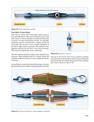 Length (threads flush with ends of barrel)




      Swaged terminal                                                            Barrel                                Pin eye


Figure 2-76. Typical turnbuckle assembly.

Push Rods (Control Rods)
Push rods are used as links in the flight control system to
give push-pull motion. They may be adjusted at one or both
ends. Figure 2-79 shows the parts of a push rod. Notice that
it consists of a tube with threaded rod ends. An adjustable
                                                                                                             Spring connector
antifriction rod end, or rod end clevis, attaches at each end
of the tube. The rod end, or clevis, permits attachment of
the tube to flight control system parts. The checknut, when
tightened, prevents the rod end or clevis from loosening.
They may have adjustments at one or both ends.
                                                                      Figure 2-78. Spring-type connector.
The rods should be perfectly straight, unless designed to be
otherwise. When installed as part of a control system, the            ball races in the rod end. This can be avoided by installing
assembly should be checked for correct alignment and free             the control rods so that the flange of the rod end is interposed
movement.                                                             between the ball race and the anchored end of the attaching
                                                                      pin or bolt as shown in Figure 2-80.
It is possible for control rods fitted with bearings to become
disconnected because of failure of the peening that retains the




                                       Turnbuckle body                           Locking-clip




Figure 2-77. Clip-type locking device and assembling in turnbuckle.


                                                                                                                                 2-47
 