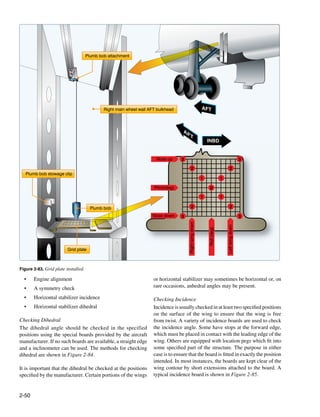 Plumb bob attachment




                                             Right main wheel wall AFT bulkhead                          AFT



                                                                                    AF
                                                                                          T
                                                                                                             INBD


                                                                      Nose up      3                                                           3

                                                                                           2                                      2
   Plumb bob stowage clip
                                                                                                         1                1

                                                                     Pitch(deg)                                0

                                                                                                         1                1

                                       Plumb bob                                           2                                      2

                                                                    Nose down      3                                                           3
                                                                                       Right wing down




                                                                                                                              Left wing down
                                                                                                             Roll (deg)




                         Grid plate



Figure 2-83. Grid plate installed.

  •	   Engine alignment                                              or horizontal stabilizer may sometimes be horizontal or, on
  •	   A symmetry check                                              rare occasions, anhedral angles may be present.

  •	   Horizontal stabilizer incidence                               Checking Incidence
  •	   Horizontal stabilizer dihedral                                Incidence is usually checked in at least two specified positions
                                                                     on the surface of the wing to ensure that the wing is free
Checking Dihedral                                                    from twist. A variety of incidence boards are used to check
The dihedral angle should be checked in the specified                the incidence angle. Some have stops at the forward edge,
positions using the special boards provided by the aircraft          which must be placed in contact with the leading edge of the
manufacturer. If no such boards are available, a straight edge       wing. Others are equipped with location pegs which fit into
and a inclinometer can be used. The methods for checking             some specified part of the structure. The purpose in either
dihedral are shown in Figure 2-84.                                   case is to ensure that the board is fitted in exactly the position
                                                                     intended. In most instances, the boards are kept clear of the
It is important that the dihedral be checked at the positions        wing contour by short extensions attached to the board. A
specified by the manufacturer. Certain portions of the wings         typical incidence board is shown in Figure 2-85.


2-50
 