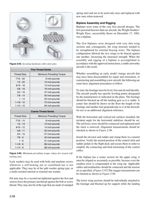 spring steel and are to be used only once and replaced with
                                                                 new ones when removed.

                                                                 Biplane Assembly and Rigging
                                                                 Biplanes were some of the very first aircraft designs. The
                                                                 first powered heavier-than-air aircraft, the Wright brothers’
                                                                 Wright Flyer, successfully flown on December 17, 1903,
                                                                 was a biplane.

                                                                 The first biplanes were designed with very thin wing
                                                                 sections and, consequently, the wing structure needed to
                                                                 be strengthened by external bracing wires. The biplane
                                                                 configuration allowed the two wings to be braced against
                                                                 one another, increasing the structural strength. When the
                                                                 assembly and rigging of a biplane is accomplished in
Figure 2-94. Securing hardware with cotter pins.                 accordance with the approved instructions, a stable airworthy
                                                                 aircraft is the result.
                     Fine Thread Series

    Thread Size             Minimum Prevailing Torque            Whether assembling an early model vintage aircraft that
                                                                 may have been disassembled for repair and restoration, or
       7/16 - 20                    8 inch-pounds
                                                                 constructing and assembling a new aircraft, the following are
         1/2 - 20                  10 inch-pounds
                                                                 some basic alignment procedures to follow.
        9/16 - 18                  13 inch-pounds
         5/8 - 18                  18 inch-pounds
                                                                 To start, the fuselage must be level, fore and aft and laterally.
         3/4 - 16                  27 inch-pounds
                                                                 The aircraft usually has specific leveling points designated
         7/8 - 14                  40 inch-pounds
                                                                 by the manufacturer or indicated on the plans. The fuselage
           1 - 14                  55 inch-pounds
                                                                 should be blocked up off the landing gear so it is stable. A
       1-1/8 - 12                  73 inch-pounds
                                                                 center line should be drawn on the floor the length of the
       1-1/4 - 12                  94 inch-pounds
                                                                 fuselage and another line perpendicular to it at the firewall,
                     Coarse Thread Series                        for use as an additional alignment reference.

    Thread Size             Minimum Prevailing Torque            With the horizontal and vertical tail surfaces installed, the
       7/16 - 14                    8 inch-pounds                incident angle for the horizontal stabilizer should be set.
         1/2 - 13                  10 inch-pounds                The tail brace wires should be connected and tightened until
        9/16 - 12                  14 inch-pounds                the slack is removed. Alignment measurements should be
         5/8 - 11                  20 inch-pounds                checked as shown in Figure 2-96.
         3/4 - 10                  27 inch-pounds
         7/8 - 9                   40 inch-pounds                Install the elevator and rudder and clamp them in a neutral
           1-8                     51 inch-pounds                position. Verify the neutral position of the control stick and
       1-1/8 - 8                   68 inch-pounds                rudder pedals in the flight deck and secure them in order to
       1-1/4 - 8                   68 inch-pounds                simplify the connecting and final tensioning of the control
                                                                 cables.
Figure 2-95. Minimum prevailing torque values for reused self-
locking unts.                                                    If the biplane has a center section for the upper wing, it
Lock washers may be used with bolts and machine screws           must be aligned as accurately as possible, because even the
whenever a self-locking nut or castellated nut is not            smallest error is compounded at the wing tip. Applicable
applicable. They may be of the split washer spring type, or      cables and turnbuckles should be connected and the tension
a multi-serrated internal or external star washer.               set as specified. [Figure 2-97] The stagger measurement can
                                                                 be checked as shown in Figure 2-98.
Pal nuts may be a second nut tightened against the first and
used to force the primary nut thread against the bolt or screw   The lower wing sections should be individually attached to
thread. They may also be of the type that are made of stamped    the fuselage and blocked up for support while the landing



2-58
 