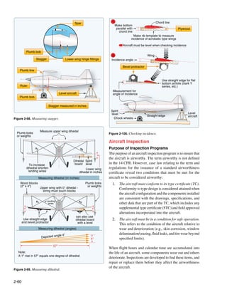 1                                   Chord line
                                                     Spar
                                                                                    Make bottom
                                                                                     parallel with                                   Plywood
                                                                                       chord line
                                                                                                   Make rib template to measure
                                                                                                 incidence of acrobatic type wings

                                                                                          Aircraft must be level when checking incidence

             Plumb bob
                                                                                2                            Wing
                    Stagger                   Lower wing hinge fittings        Incidence angle

                                                                                          Bevel protractor
    Plumb line


                                                                                                                        Use straight edge for flat
                                                                                                                        bottom airfoils (clark Y
    Ruler                                                                                                               series, etc.)
                                                                                Measurement for
                                         Level aircraft                         angle of incidence
    Plumb bob

                                Stagger measured in inches
                                                                               Spirit
                                                                               level                                                        Level
                                                                                                             Straight edge                  aircraft
Figure 2-98. Measuring stagger.                                                  Chock wheels



                         Measure upper wing dihedal
  Plumb bobs                                                                  Figure 2-100. Checking incidence.
  or weights
                                                                              Aircraft Inspection
                   X1                                     X2                  Purpose of Inspection Programs
                                                                              The purpose of an aircraft inspection program is to ensure that
                                                                              the aircraft is airworthy. The term airworthy is not defined
                                                    Dihedal Spirit
               To increase                           board level              in the 14 CFR. However, case law relating to the term and
             dihedral shorten                                 Lower wing      regulations for the issuance of a standard airworthiness
              landing wires                               dihedal in inches   certificate reveal two conditions that must be met for the
                        Measuring dihedral (in inches)                        aircraft to be considered airworthy:
    Wood blocks                                                Plumb bobs       1.	 The aircraft must conform to its type certificate (TC).
    (2" x 4")                                                   or weights
                         Upper wing with 0° dihedal -                               Conformity to type design is considered attained when
                           string must touch blocks
                                                                                    the aircraft configuration and the components installed
                                                                                    are consistent with the drawings, specifications, and
                    X1        Landing                     X2
                               wires                                                other data that are part of the TC, which includes any
        4°                                                         4°               supplemental type certificate (STC) and field approved
                                                                                    alterations incorporated into the aircraft.
                                                      can also use
        Use straight edge                             dihedal board             2.	 The aircraft must be in a condition for safe operation.
       and bevel protractor                            with a level                 This refers to the condition of the aircraft relative to
                        Measuring dihedral (angles)                                 wear and deterioration (e.g., skin corrosion, window
                                        gle 4°
                                                                                    delamination/crazing, fluid leaks, and tire wear beyond
                          Depicted an                             4°                specified limits).
                                   57"
                                                                              When flight hours and calendar time are accumulated into
   Note:                                                                      the life of an aircraft, some components wear out and others
   A 1" rise in 57" equals one degree of dihedral
                                                                              deteriorate. Inspections are developed to find these items, and
                                                                              repair or replace them before they affect the airworthiness
                                                                              of the aircraft.
Figure 2-99. Measuring dihedral.



2-60
 