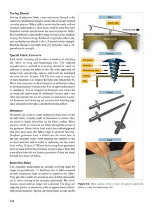 Sewing Thread
Sewing of polyester fabric is rare and mostly limited to the                                   Clips
creation of prefitted envelopes used in the envelope method
                                                                                               Martin clip
covering process. When a fabric seam must be made with no
structure underneath it, a sewn seam could be used. Polyester
                                                                                                              Trailing edge
threads of various specifications are used on polyester fabric.
                                                                                   Rib cap
Different thread is specified for hand sewing versus machine
sewing. For hand sewing, the thread is typically a three-ply,                              Section of rib
uncoated polyester thread with a 15-pound tensile strength.
Machine thread is typically four-ply polyester with a 10-
pound tensile strength.
                                                                                              Screws
Special Fabric Fasteners
Each fabric covering job involves a method of attaching                PK screw
the fabric to wing and empennage ribs. The original
manufacturer’s method of fastening should be used. In                  Washer
addition to lacing the fabric to the ribs with approved rib            Reinforcing tape
lacing cord, special clips, screws, and rivets are employed
on some aircraft. [Figure 3-6] The first step in using any             Fabric
of these fasteners is to inspect the holes into which they fit.        Rib
Worn holes may have to be enlarged or re-drilled according
to the manufacturer’s instructions. Use of approved fasteners
is mandatory. Use of unapproved fasteners can render the
                                                                                              Rivets
covering job unairworthy if substituted. Screws and rivets
often incorporate the use of a plastic or aluminum washer.
All fasteners and rib lacing are covered with finishing tape
once installed to provide a smooth finish and airflow.

Grommets
Grommets are used to create reinforced drain holes in the
aircraft fabric. Usually made of aluminum or plastic, they
are glued or doped into place on the fabric surface. Once
secured, a hole is created in the fabric through the center of
the grommet. Often, this is done with a hot soldering pencil
that also heat seals the fabric edge to prevent raveling.
Seaplane grommets have a shield over the drain hole to
prevent splashed water from entering the interior of the                                       Lace
covered structure and to assist in siphoning out any water
from within. [Figure 3-7] Drain holes using these grommets
must be made before the grommets are put in place. Note that
some drain holes do not require grommets if they are made
through two layers of fabric.

Inspection Rings
The structure underneath an aircraft covering must be
inspected periodically. To facilitate this in fabric-covered
aircraft, inspection rings are glued or doped to the fabric.
They provide a stable rim around an area of fabric that can be
cut to allow viewing of the structure underneath. The fabric
remains uncut until an inspection is desired. The rings are       Figure 3-6. Clips, screws, rivets, or lace are used to attach the
typically plastic or aluminum with an approximately three-        fabric to wing and empennage ribs.
inch inside diameter. Spring clip metal panel covers can be


3-6
 