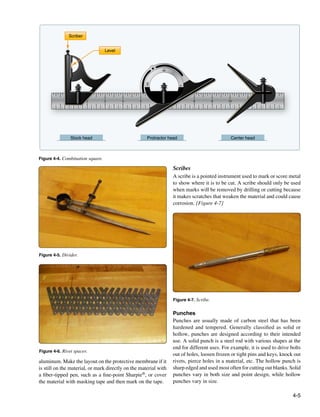 Scriber


                                  Level



                                                             90




                                                     180




                                                                       0
                         2        3       4      5                          8           9   10       11




                Stock head                           Protractor head                          Center head



Figure 4-4. Combination square.

                                                                  Scribes
                                                                  A scribe is a pointed instrument used to mark or score metal
                                                                  to show where it is to be cut. A scribe should only be used
                                                                  when marks will be removed by drilling or cutting because
                                                                  it makes scratches that weaken the material and could cause
                                                                  corrosion. [Figure 4-7]




Figure 4-5. Divider.




                                                                  Figure 4-7. Scribe.


                                                                  Punches
                                                                  Punches are usually made of carbon steel that has been
                                                                  hardened and tempered. Generally classified as solid or
                                                                  hollow, punches are designed according to their intended
                                                                  use. A solid punch is a steel rod with various shapes at the
                                                                  end for different uses. For example, it is used to drive bolts
Figure 4-6. Rivet spacer.
                                                                  out of holes, loosen frozen or tight pins and keys, knock out
aluminum. Make the layout on the protective membrane if it        rivets, pierce holes in a material, etc. The hollow punch is
is still on the material, or mark directly on the material with   sharp edged and used most often for cutting out blanks. Solid
a fiber-tipped pen, such as a fine-point Sharpie®, or cover       punches vary in both size and point design, while hollow
the material with masking tape and then mark on the tape.         punches vary in size.

                                                                                                                            4-5
 