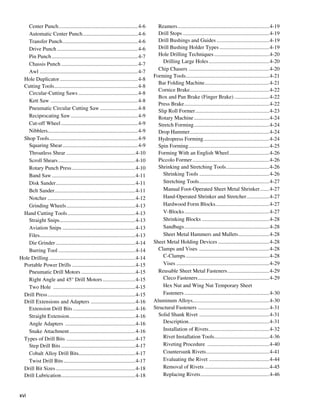 Center Punch. ..........................................................4-6
                        .                                                                Reamers.....................................................................4-19
    Automatic Center Punch..........................................4-6                  Drill Stops.................................................................4-19
    Transfer Punch.........................................................4-6           Drill Bushings and Guides........................................4-19
    Drive Punch.............................................................4-6          Drill Bushing Holder Types......................................4-19
    Pin Punch.................................................................4-7        Hole Drilling Techniques..........................................4-20
                                                                                           Drilling Large Holes..............................................4-20
    Chassis Punch..........................................................4-7
                                                                                         Chip Chasers.............................................................4-20
    Awl..........................................................................4-7
                                                                                       Forming Tools..............................................................4-21
                                                                                                        .
 Hole Duplicator...........................................................4-8
                                                                                         Bar Folding Machine. ...............................................4-21
                                                                                                                       .
 Cutting Tools...............................................................4-8
                                                                                         Cornice Brake. ..........................................................4-22
                                                                                                           .
    Circular-Cutting Saws.............................................4-8
                                                                                         Box and Pan Brake (Finger Brake)...........................4-22
    Kett Saw .................................................................4-8
                                                                                         Press Brake................................................................4-22
    Pneumatic Circular Cutting Saw.............................4-8                       Slip Roll Former........................................................4-23
    Reciprocating Saw...................................................4-9              Rotary Machine.........................................................4-24
    Cut-off Wheel..........................................................4-9           Stretch Forming.........................................................4-24
    Nibblers...................................................................4-9
               .                                                                         Drop Hammer. ..........................................................4-24
                                                                                                           .
 Shop Tools..................................................................4-9
                 .                                                                       Hydropress Forming. ................................................4-24
                                                                                                                     .
    Squaring Shear.........................................................4-9           Spin Forming.............................................................4-25
    Throatless Shear ...................................................4-10             Forming With an English Wheel. .............................4-26
                                                                                                                                        .
    Scroll Shears..........................................................4-10          Piccolo Former..........................................................4-26
    Rotary Punch Press................................................4-10               Shrinking and Stretching Tools.................................4-26
    Band Saw...............................................................4-11            Shrinking Tools.....................................................4-26
    Disk Sander. ..........................................................4-11
                      .                                                                    Stretching Tools.....................................................4-27
    Belt Sander............................................................4-11
                    .                                                                      Manual Foot-Operated Sheet Metal Shrinker........4-27
    Notcher..................................................................4-12          Hand-Operated Shrinker and Stretcher. ................4-27.
    Grinding Wheels....................................................4-13                Hardwood Form Blocks. .......................................4-27
                                                                                                                              .
 Hand Cutting Tools...................................................4-13                 V-Blocks................................................................4-27
    Straight Snips.........................................................4-13            Shrinking Blocks...................................................4-28
    Aviation Snips.......................................................4-13              Sandbags................................................................4-28
    Files.......................................................................4-13
         .                                                                                 Sheet Metal Hammers and Mallets........................4-28
    Die Grinder............................................................4-14        Sheet Metal Holding Devices.......................................4-28
    Burring Tool..........................................................4-14           Clamps and Vises .....................................................4-28
Hole Drilling.................................................................4-14         C-Clamps...............................................................4-28
 Portable Power Drills................................................4-15                 Vises......................................................................4-29
    Pneumatic Drill Motors.........................................4-15                  Reusable Sheet Metal Fasteners................................4-29
    Right Angle and 45° Drill Motors.........................4-15                          Cleco Fasteners......................................................4-29
    Two Hole ..............................................................4-15            Hex Nut and Wing Nut Temporary Sheet
 Drill Press..................................................................4-15         Fasteners................................................................4-30
 Drill Extensions and Adapters .................................4-16                   Aluminum Alloys.........................................................4-30
    Extension Drill Bits...............................................4-16            Structural Fasteners . ....................................................4-31
    Straight Extension. ................................................4-16
                               .                                                         Solid Shank Rivet . ...................................................4-31
    Angle Adapters .....................................................4-16               Description. ...........................................................4-31
                                                                                                          .
    Snake Attachment..................................................4-16                 Installation of Rivets..............................................4-32
 Types of Drill Bits . ..................................................4-17              Rivet Installation Tools.........................................4-36
                                                                                                                             .
    Step Drill Bits........................................................4-17            Riveting Procedure ...............................................4-40
    Cobalt Alloy Drill Bits..........................................4-17
                                      .                                                    Countersunk Rivets. ..............................................4-41
                                                                                                                         .
    Twist Drill Bits......................................................4-17             Evaluating the Rivet..............................................4-44
 Drill Bit Sizes............................................................4-18           Removal of Rivets.................................................4-45
 Drill Lubrication. ......................................................4-18
                          .                                                                Replacing Rivets....................................................4-46


xvi
 