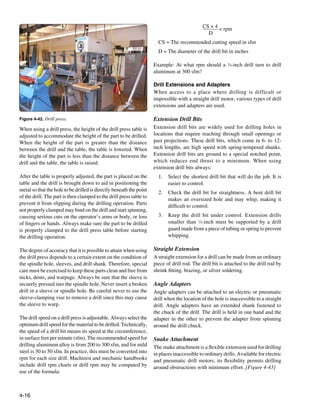 CS × 4 = rpm
                                                                                                D
                                                                       CS = The recommended cutting speed in sfm
                                                                       D = The diameter of the drill bit in inches

                                                                     Example: At what rpm should a 1⁄8-inch drill turn to drill
                                                                     aluminum at 300 sfm?

                                                                     Drill Extensions and Adapters
                                                                     When access to a place where drilling is difficult or
                                                                     impossible with a straight drill motor, various types of drill
                                                                     extensions and adapters are used.

Figure 4-42. Drill press.                                            Extension Drill Bits
When using a drill press, the height of the drill press table is     Extension drill bits are widely used for drilling holes in
adjusted to accommodate the height of the part to be drilled.        locations that require reaching through small openings or
When the height of the part is greater than the distance             past projections. These drill bits, which come in 6- to 12-
between the drill and the table, the table is lowered. When          inch lengths, are high speed with spring-tempered shanks.
the height of the part is less than the distance between the         Extension drill bits are ground to a special notched point,
drill and the table, the table is raised.                            which reduces end thrust to a minimum. When using
                                                                     extension drill bits always:
After the table is properly adjusted, the part is placed on the        1.	 Select the shortest drill bit that will do the job. It is
table and the drill is brought down to aid in positioning the              easier to control.
metal so that the hole to be drilled is directly beneath the point
                                                                       2.	 Check the drill bit for straightness. A bent drill bit
of the drill. The part is then clamped to the drill press table to
                                                                           makes an oversized hole and may whip, making it
prevent it from slipping during the drilling operation. Parts
                                                                           difficult to control.
not properly clamped may bind on the drill and start spinning,
causing serious cuts on the operator’s arms or body, or loss           3.	 Keep the drill bit under control. Extension drills
of fingers or hands. Always make sure the part to be drilled               smaller than 1⁄4-inch must be supported by a drill
is properly clamped to the drill press table before starting               guard made from a piece of tubing or spring to prevent
the drilling operation.                                                    whipping.

The degree of accuracy that it is possible to attain when using      Straight Extension
the drill press depends to a certain extent on the condition of      A straight extension for a drill can be made from an ordinary
the spindle hole, sleeves, and drill shank. Therefore, special       piece of drill rod. The drill bit is attached to the drill rod by
care must be exercised to keep these parts clean and free from       shrink fitting, brazing, or silver soldering.
nicks, dents, and warpage. Always be sure that the sleeve is
securely pressed into the spindle hole. Never insert a broken        Angle Adapters
drill in a sleeve or spindle hole. Be careful never to use the       Angle adapters can be attached to an electric or pneumatic
sleeve-clamping vise to remove a drill since this may cause          drill when the location of the hole is inaccessible to a straight
the sleeve to warp.                                                  drill. Angle adapters have an extended shank fastened to
                                                                     the chuck of the drill. The drill is held in one hand and the
The drill speed on a drill press is adjustable. Always select the    adapter in the other to prevent the adapter from spinning
optimum drill speed for the material to be drilled. Technically,     around the drill chuck.
the speed of a drill bit means its speed at the circumference,
in surface feet per minute (sfm). The recommended speed for          Snake Attachment
drilling aluminum alloy is from 200 to 300 sfm, and for mild         The snake attachment is a flexible extension used for drilling
steel is 30 to 50 sfm. In practice, this must be converted into      in places inaccessible to ordinary drills. Available for electric
rpm for each size drill. Machinist and mechanic handbooks            and pneumatic drill motors, its flexibility permits drilling
include drill rpm charts or drill rpm may be computed by             around obstructions with minimum effort. [Figure 4-43]
use of the formula:



4-16
 