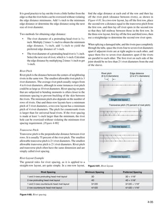 It is good practice to lay out the rivets a little further from the     find the edge distance at each end of the row and then lay
edge so that the rivet holes can be oversized without violating         off the rivet pitch (distance between rivets), as shown in
the edge distance minimums. Add 1⁄16-inch to the minimum                Figure 4-81. In a two-row layout, lay off the first row, place
edge distance or determine the edge distance using the next             the second row a distance equal to the transverse pitch from
size of rivet diameter.                                                 the first row, and then lay off rivet spots in the second row
                                                                        so that they fall midway between those in the first row. In
Two methods for obtaining edge distance:                                the three-row layout, first lay off the first and third rows, then
  •	   The rivet diameter of a protruding head rivet is 3⁄32-           use a straightedge to determine the second row rivet spots.
       inch. Multiply 2 times 3⁄32-inch to obtain the minimum
       edge distance, 3⁄16-inch, add 1⁄16-inch to yield the             When splicing a damaged tube, and the rivets pass completely
       preferred edge distance of 1⁄4-inch.                             through the tube, space the rivets four to seven rivet diameters
                                                                        apart if adjacent rivets are at right angles to each other, and
  •	   The rivet diameter of a protruding head rivet is 3⁄32-inch.      space them five to seven rivet diameters apart if the rivets
       Select the next size of rivet, which is 1⁄8-inch. Calculate      are parallel to each other. The first rivet on each side of the
       the edge distance by multiplying 2 times 1⁄8-inch to get         joint should be no less than 21⁄2 rivet diameters from the end
       1
         ⁄4-inch.                                                       of the sleeve.

Rivet Pitch
                                                                                     Rivet pitch                   Edge distance
Rivet pitch is the distance between the centers of neighboring                       (6 to 8 diameters)            (2 to 21/2 diameters)
rivets in the same row. The smallest allowable rivet pitch is 3
rivet diameters. The average rivet pitch usually ranges from
4 to 6 rivet diameters, although in some instances rivet pitch
could be as large as 10 rivet diameters. Rivet spacing on parts
that are subjected to bending moments is often closer to the
minimum spacing to prevent buckling of the skin between
the rivets. The minimum pitch also depends on the number of                                    Single-row layout
rows of rivets. One-and three-row layouts have a minimum
pitch of 3 rivet diameters, a two-row layout has a minimum                                   Transverse pitch (75 percent of rivet pitch)
pitch of 4 rivet diameters. The pitch for countersunk rivets
is larger than for universal head rivets. If the rivet spacing
is made at least 1⁄16-inch larger than the minimum, the rivet
hole can be oversized without violating the minimum rivet
spacing requirement. [Figure 4-80]
                                                                                                Two-row layout
Transverse Pitch
Transverse pitch is the perpendicular distance between rivet
rows. It is usually 75 percent of the rivet pitch. The smallest
allowable transverse pitch is 21⁄2 rivet diameters. The smallest
allowable transverse pitch is 21⁄2 rivet diameters. Rivet pitch
and transverse pitch often have the same dimension and are
simply called rivet spacing.
                                                                                               Three-row layout
Rivet Layout Example
The general rules for rivet spacing, as it is applied to a
straight-row layout, are quite simple. In a one-row layout,             Figure 4-81. Rivet layout.

                     Rivet Spacing                                    Minimum Spacing                      Preferred Spacing

       1 and 3 rows protruding head rivet layout                           3D                                 3D + 1/16"
       2 row protruding head rivet layout                                  4D                                 4D + 1/16"
       1 and 3 rows countersunk head rivet layout                          3/1/2D                             3/1/2D + 1/16"
       2 row countersunk head rivet layout                                 4/1/2D                             4/1/2D + 1/16"


Figure 4-80. Rivet spacing.


                                                                                                                                      4-35
 