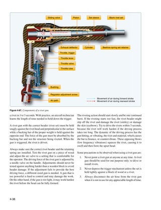 Sliding valve                   Piston            Set sleeve          Blank rivet set




                                                     Exhaust deflector             Cylinder         Beehive spring set retainer

                                                     Throttle, trigger

                                                     Throttle lever

                                                     Throttle valve

                                                     Throttle tube




                                          Bushing


                                          Regulator adjustment screw
                                                                                               Movement of air during forward stroke
                                          Air path                                             Movement of air during rearward stroke



Figure 4-87. Components of a rivet gun.

a rivet in 1 to 3 seconds. With practice, an aircraft technician         The riveting action should start slowly and be one continued
learns the length of time needed to hold down the trigger.               burst. If the riveting starts too fast, the rivet header might
                                                                         slip off the rivet and damage the rivet (smiley) or damage
A rivet gun with the correct header (rivet set) must be held             the skin (eyebrow). Try to drive the rivets within 3 seconds,
snugly against the rivet head and perpendicular to the surface           because the rivet will work harden if the driving process
while a bucking bar of the proper weight is held against the             takes too long. The dynamic of the driving process has the
opposite end. The force of the gun must be absorbed by the               gun hitting, or vibrating, the rivet and material, which causes
bucking bar and not the structure being riveted. When the                the bar to bounce, or countervibrate. These opposing blows
gun is triggered, the rivet is driven.                                   (low frequency vibrations) squeeze the rivet, causing it to
                                                                         swell and then form the upset head.
Always make sure the correct rivet header and the retaining
spring are installed. Test the rivet gun on a piece of wood              Some precautions to be observed when using a rivet gun are:
and adjust the air valve to a setting that is comfortable for                 1.	 Never point a rivet gun at anyone at any time. A rivet
the operator. The driving force of the rivet gun is adjusted by                   gun should be used for one purpose only: to drive or
a needle valve on the handle. Adjustments should never be                         install rivets.
tested against anything harder than a wooden block to avoid
header damage. If the adjustment fails to provide the best                    2.	 Never depress the trigger mechanism unless the set is
driving force, a different sized gun is needed. A gun that is                     held tightly against a block of wood or a rivet.
too powerful is hard to control and may damage the work.                      3.	 Always disconnect the air hose from the rivet gun
On the other hand, if the gun is too light, it may work harden                    when it is not in use for any appreciable length of time.
the rivet before the head can be fully formed.




4-38
 