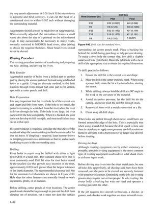 the stop permit adjustments of 0.001 inch. If the microshaver
                                                                                                               Drill Size
is adjusted and held correctly, it can cut the head of a              Rivet Diameter (in)
                                                                                                    Pilot                   Final
countersunk rivet to within 0.002 inch without damaging
the surrounding material.                                                     3/32               3/32 (0.0937)         #40 (0.098)
                                                                              1/8                1/8 (0.125)           #30 (0.1285)
Adjustments should always be made first on scrap material.                    5/32               5/32 (0.1562)         #21 (0.159)
When correctly adjusted, the microshaver leaves a small                       3/16               3/16 (0.1875)         #11 (0.191)
round dot about the size of a pinhead on the microshaved                      1/4                1/4 (0.250)           F (0.257)
rivet. It may occasionally be necessary to shave rivets,
normally restricted to MS20426 head rivets, after driving          Figure 4-90. Drill sizes for standard rivets.
to obtain the required flushness. Shear head rivets should
                                                                   surrounding the center punch mark. Place a bucking bar
never be shaved.
                                                                   behind the metal during punching to help prevent denting.
                                                                   To make a rivet hole the correct size, first drill a slightly
Riveting Procedure
                                                                   undersized hole (pilot hole). Ream the pilot hole with a twist
The riveting procedure consists of transferring and preparing      drill of the appropriate size to obtain the required dimension.
the hole, drilling, and driving the rivets.
                                                                   To drill, proceed as follows:
Hole Transfer
                                                                     1.	 Ensure the drill bit is the correct size and shape.
Accomplish transfer of holes from a drilled part to another
part by placing the second part over first and using established     2.	 Place the drill in the center-punched mark. When using
holes as a guide. Using an alternate method, scribe hole                 a power drill, rotate the bit a few turns before starting
location through from drilled part onto part to be drilled,              the motor.
spot with a center punch, and drill.                                 3.	 While drilling, always hold the drill at a 90º angle to
                                                                         the work or the curvature of the material.
Hole Preparation
                                                                     4.	 Avoid excessive pressure, let the drill bit do the
It is very important that the rivet hole be of the correct size
                                                                         cutting, and never push the drill bit through stock.
and shape and free from burrs. If the hole is too small, the
protective coating is scratched from the rivet when the rivet        5.	 Remove all burrs with a metal countersink or a file.
is driven through the hole. If the hole is too large, the rivet      6.	 Clean away all drill chips.
does not fill the hole completely. When it is bucked, the joint
does not develop its full strength, and structural failure may     When holes are drilled through sheet metal, small burrs are
occur at that spot.                                                formed around the edge of the hole. This is especially true
                                                                   when using a hand drill because the drill speed is slow and
If countersinking is required, consider the thickness of the       there is a tendency to apply more pressure per drill revolution.
metal and adopt the countersinking method recommended for          Remove all burrs with a burr remover or larger size drill bit
that thickness. If dimpling is required, keep hammer blows         before riveting.
or dimpling pressures to a minimum so that no undue work
hardening occurs in the surrounding area.                          Driving the Rivet
                                                                   Although riveting equipment can be either stationary or
Drilling                                                           portable, portable riveting equipment is the most common
Rivet holes in repair may be drilled with either a light           type of riveting equipment used to drive solid shank rivets
power drill or a hand drill. The standard shank twist drill is     in airframe repair work.
most commonly used. Drill bit sizes for rivet holes should
be the smallest size that permits easy insertion of the rivet,     Before driving any rivets into the sheet metal parts, be sure
approximately 0.003-inch greater than the largest tolerance        all holes line up perfectly, all shavings and burrs have been
of the shank diameter. The recommended clearance drill bits        removed, and the parts to be riveted are securely fastened
for the common rivet diameters are shown in Figure 4-90.           with temporary fasteners. Depending on the job, the riveting
Hole sizes for other fasteners are normally found on work          process may require one or two people. In solo riveting, the
documents, prints, or in manuals.                                  riveter holds a bucking bar with one hand and operates a
                                                                   riveting gun with the other.
Before drilling, center punch all rivet locations. The center
punch mark should be large enough to prevent the drill from        If the job requires two aircraft technicians, a shooter, or
slipping out of position, yet it must not dent the surface         gunner, and a bucker work together as a team to install rivets.

4-40
 
