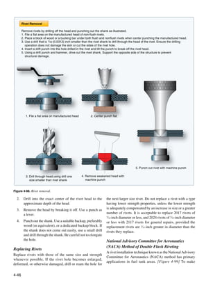 Rivet Removal

       Remove rivets by drilling off the head and punching out the shank as illustrated.
       1. File a flat area on the manufactured head of non-flush rivets.
       2. Place a block of wood or a bucking bar under both flush and nonflush rivets when center punching the manufactured head.
       3. Use a drill that is 1/32 (0.0312) inch smaller than the rivet shank to drill through the head of the rivet. Ensure the drilling
          operation does not damage the skin or cut the sides of the rivet hole.
       4. Insert a drift punch into the hole drilled in the rivet and tilt the punch to break off the rivet head.
       5. Using a drift punch and hammer, drive out the rivet shank. Support the opposite side of the structure to prevent
          structural damage.




          1. File a flat area on manufactured head           2. Center punch flat




                                                                                                5. Punch out rivet with machine punch

          3. Drill through head using drill one       4. Remove weakened head with
             size smaller than rivet shank               machine punch


Figure 4-98. Rivet removal.

  2.	 Drill into the exact center of the rivet head to the               the next larger size rivet. Do not replace a rivet with a type
      approximate depth of the head.                                     having lower strength properties, unless the lower strength
  3.	 Remove the head by breaking it off. Use a punch as                 is adequately compensated by an increase in size or a greater
      a lever.                                                           number of rivets. It is acceptable to replace 2017 rivets of
                                                                         3
                                                                          ⁄16-inch diameter or less, and 2024 rivets of 5⁄32-inch diameter
  4.	 Punch out the shank. Use a suitable backup, preferably             or less with 2117 rivets for general repairs, provided the
      wood (or equivalent), or a dedicated backup block. If              replacement rivets are 1⁄32-inch greater in diameter than the
      the shank does not come out easily, use a small drill              rivets they replace.
      and drill through the shank. Be careful not to elongate
      the hole.                                                          National Advisory Committee for Aeronautics
                                                                         (NACA) Method of Double Flush Riveting
Replacing Rivets
                                                                         A rivet installation technique known as the National Advisory
Replace rivets with those of the same size and strength
                                                                         Committee for Aeronautics (NACA) method has primary
whenever possible. If the rivet hole becomes enlarged,
                                                                         applications in fuel tank areas. [Figure 4-99] To make
deformed, or otherwise damaged, drill or ream the hole for

4-46
 