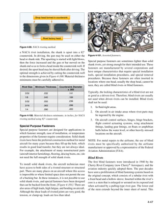 Shop head formed in countersink




                       Rivet factory head


Figure 4-99. NACA riveting method.

a NACA rivet installation, the shank is upset into a 82°
countersink. In driving, the gun may be used on either the          Figure 4-101. Assorted fasteners.
head or shank side. The upsetting is started with light blows,
                                                                    Special purpose fasteners are sometimes lighter than solid
then the force increased and the gun or bar moved on the
                                                                    shank rivets, yet strong enough for their intended use. These
shank end so as to form a head inside the countersink well. If
                                                                    fasteners are manufactured by several corporations and
desired, the upset head may be shaved flush after driving. The
                                                                    have unique characteristics that require special installation
optimal strength is achieved by cutting the countersink well
                                                                    tools, special installation procedures, and special removal
to the dimensions given in Figure 4-100. Material thickness
                                                                    procedures. Because these fasteners are often inserted in
minimums must be carefully adhered to.
                                                                    locations where one head, usually the shop head, cannot be
                                                                    seen, they are called blind rivets or blind fasteners.
  Rivet Size   Minimum Thickness         Countersink Diameter
                                                ± .005
     3/32              .032                      .141
                                                                    Typically, the locking characteristics of a blind rivet are not
                                                                    as good as a driven rivet. Therefore, blind rivets are usually
     1/8               .040                      .189
                                                                    not used when driven rivets can be installed. Blind rivets
     5/32              .050                      .236
                                                                    shall not be used:
     3/16              .063                      .288
                                                                      1.	 In fluid-tight areas.
     1/4               .090                      .400
                                                                      2.	 On aircraft in air intake areas where rivet parts may
Figure 4-100. Material thickness minimums, in inches, for NACA            be ingested by the engine.
riveting method using 82° countersink.                                3.	 On aircraft control surfaces, hinges, hinge brackets,
                                                                          flight control actuating systems, wing attachment
Special Purpose Fasteners                                                 fittings, landing gear fittings, on floats or amphibian
Special purpose fasteners are designed for applications in                hulls below the water level, or other heavily stressed
which fastener strength, ease of installation, or temperature             locations on the aircraft.
properties of the fastener require consideration. Solid shank
rivets have been the preferred construction method for metal        NOTE: For metal repairs to the airframe, the use of blind
aircraft for many years because they fill up the hole, which        rivets must be specifically authorized by the airframe
results in good load transfer, but they are not always ideal.       manufacturer or approved by a representative of the Federal
For example, the attachment of many nonstructural parts             Aviation Administration (FAA).
(aircraft interior furnishings, flooring, deicing boots, etc.) do
not need the full strength of solid shank rivets.                   Blind Rivets
                                                                    The first blind fasteners were introduced in 1940 by the
To install solid shank rivets, the aircraft technician must         Cherry Rivet Company (now Cherry® Aerospace), and the
have access to both sides of a riveted structure or structural      aviation industry quickly adopted them. The past decades
part. There are many places on an aircraft where this access        have seen a proliferation of blind fastening systems based on
is impossible or where limited space does not permit the use        the original concept, which consists of a tubular rivet with
of a bucking bar. In these instances, it is not possible to use     a fixed head and a hollow sleeve. Inserted within the rivet’s
solid shank rivets, and special fasteners have been designed        core is a stem that is enlarged or serrated on its exposed end
that can be bucked from the front. [Figure 4-101] There are         when activated by a pulling-type rivet gun. The lower end
also areas of high loads, high fatigue, and bending on aircraft.    of the stem extends beyond the inner sheet of metal. This
Although the shear loads of riveted joints are very good, the
tension, or clamp-up, loads are less than ideal.

                                                                                                                             4-47
 