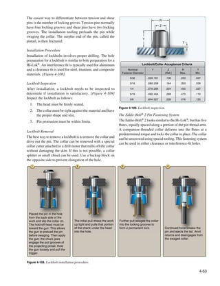 The easiest way to differentiate between tension and shear
                                                                                                       R
pins is the number of locking groves. Tension pins normally
                                                                                                       Z
have four locking grooves and shear pins have two locking
grooves. The installation tooling preloads the pin while
swaging the collar. The surplus end of the pin, called the
                                                                                       Y
pintail, is then fractured.                                                                                              T

Installation Procedure
Installation of lockbolts involves proper drilling. The hole
preparation for a lockbolt is similar to hole preparation for a
Hi-Lok®. An interference fit is typically used for aluminum                           Lockbolt/Collar Acceptan Criteria
                                                                                         kbolt/Collar Acceptance
and a clearance fit is used for steel, titanium, and composite              Nominal           Y              Z          R           T
                                                                       Fastener Diameter                   (Ref.)      Max.        Min.
materials. [Figure 4-108]
                                                                             5/32          .324/.161       .136        .253        .037

Lockbolt Inspection                                                          3/16          .280/.208       .164        .303        .039

After installation, a lockbolt needs to be inspected to                      1/4           .374/.295       .224        .400        .037
determine if installation is satisfactory. [Figure 4-109]                    5/16          .492/.404       .268        .473        .110
Inspect the lockbolt as follows:                                             3/8           .604/.507       .039        .576        .120
  1.	 The head must be firmly seated.
                                                                     Figure 4-109. Lockbolt inspection.
  2.	 The collar must be tight against the material and have
      the proper shape and size.                                     The Eddie-Bolt® 2 Pin Fastening System
  3.	 Pin protrusion must be within limits.                          The Eddie-Bolt® 2 looks similar to the Hi-Lok®, but has five
                                                                     flutes, equally spaced along a portion of the pin thread area.
                                                                     A companion threaded collar deforms into the flutes at a
Lockbolt Removal
                                                                     predetermined torque and locks the collar in place. The collar
The best way to remove a lockbolt is to remove the collar and
                                                                     can be unscrewed using special tooling. This fastening system
drive out the pin. The collar can be removed with a special
                                                                     can be used in either clearance or interference-fit holes.
collar cutter attached to a drill motor that mills off the collar
without damaging the skin. If this is not possible, a collar
splitter or small chisel can be used. Use a backup block on
the opposite side to prevent elongation of the hole.
   1                                 2                                 3                                    4




 Placed the pin in the hole
 from the back side of the
 work and slip the collar on.      The initial pull draws the work   Further pull swages the collar
 The hold-off head must be         up tight and pulls that portion   into the locking grooves to
 toward the gun. This allows       of the shank under the head       form a permanent lock.                Continued force breaks the
 the gun to preload the pin        into the hole.                                                          pin and ejects the tail. Anvil
 before swaging. Then apply                                                                                returns and disengages from
 the gun; the chuck jaws                                                                                   the swaged collar.
 engage the pull grooves of
 the projecting pintail. Hold
 the gun loosely and pull the
 trigger.


Figure 4-108. Lockbolt installation procedure.


                                                                                                                                      4-53
 